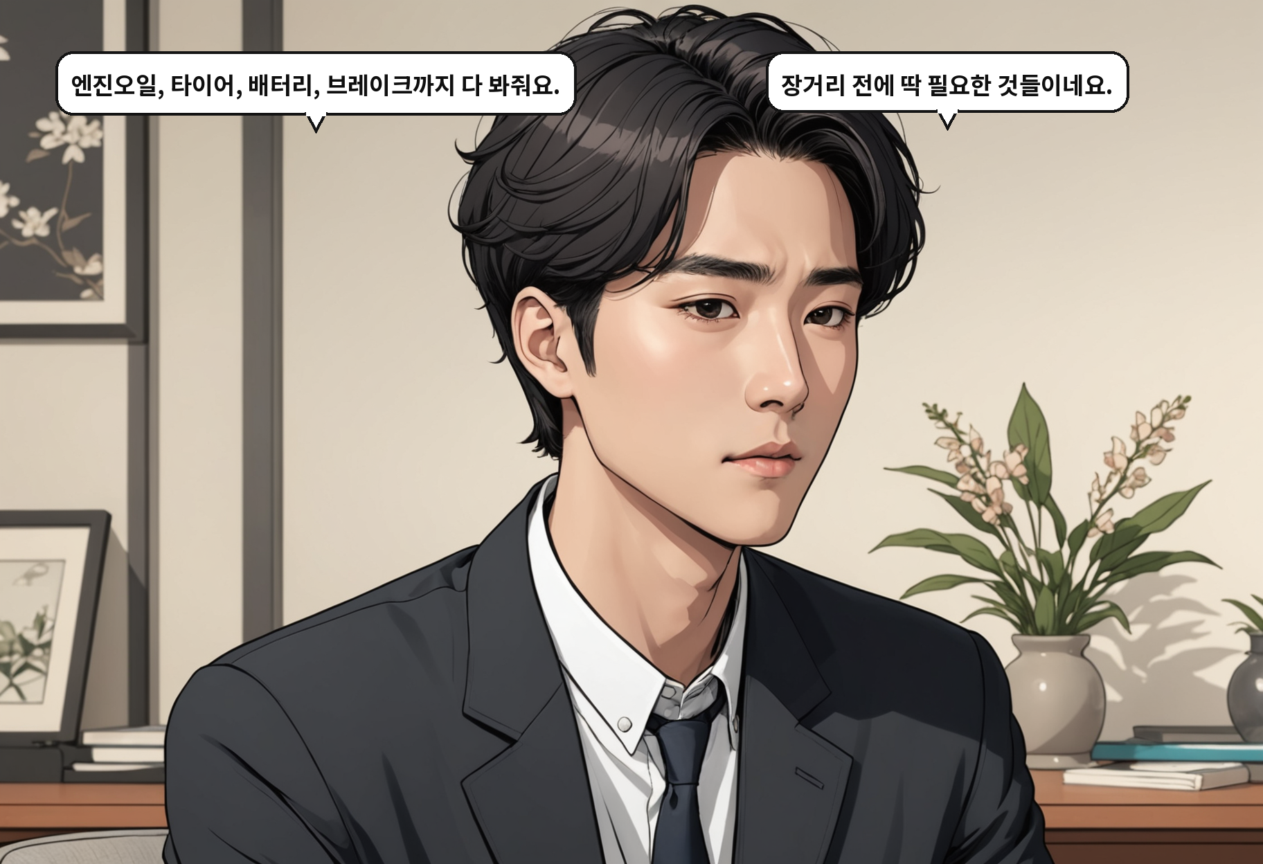 B: 엔진오일, 타이어, 배터리, 브레이크까지 다 봐줘요. A: 장거리 전에 딱 필요한 것들이네요.
