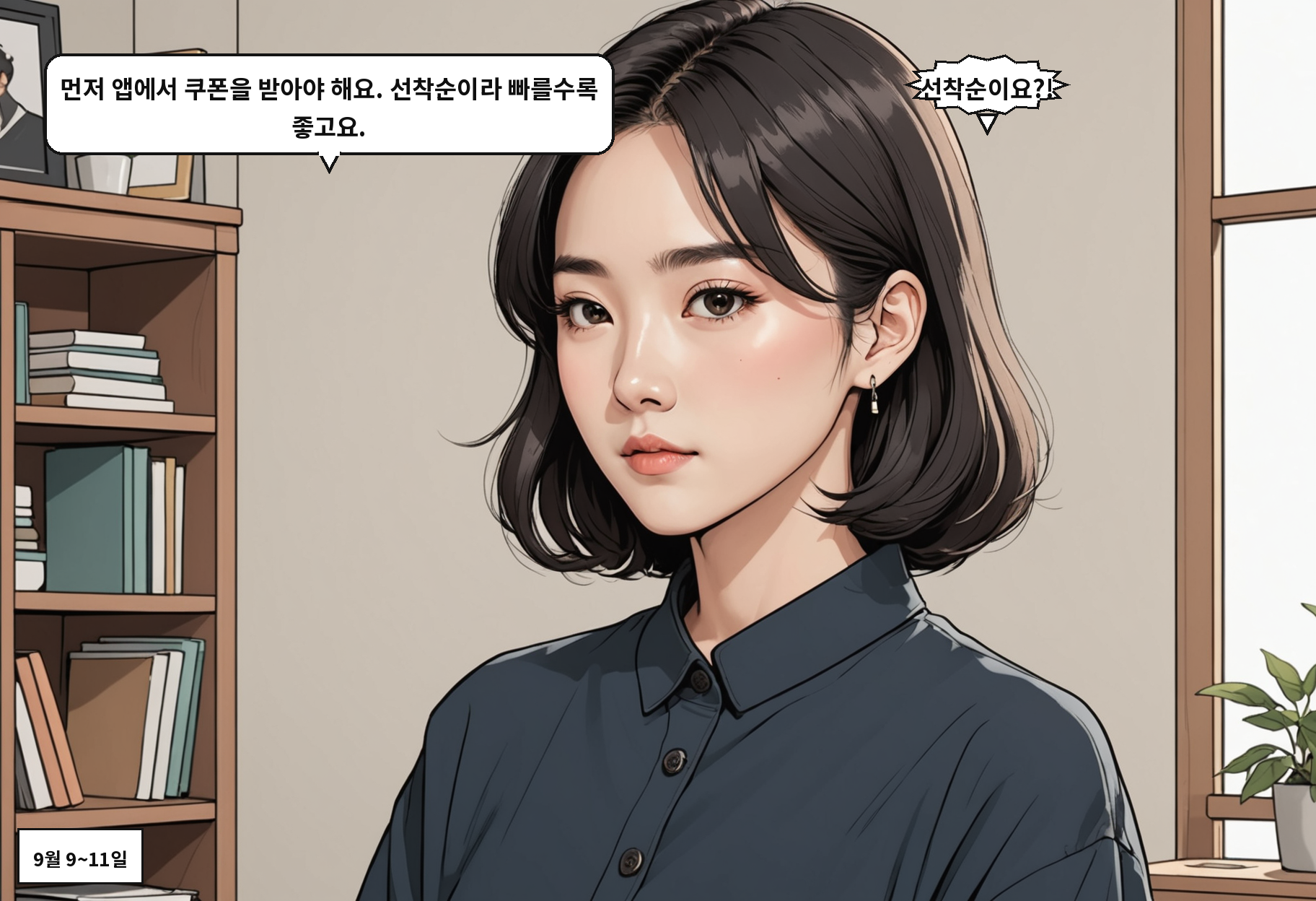 B: 먼저 앱에서 쿠폰을 받아야 해요. 선착순이라 빠를수록 좋고요. A: 선착순이요?!