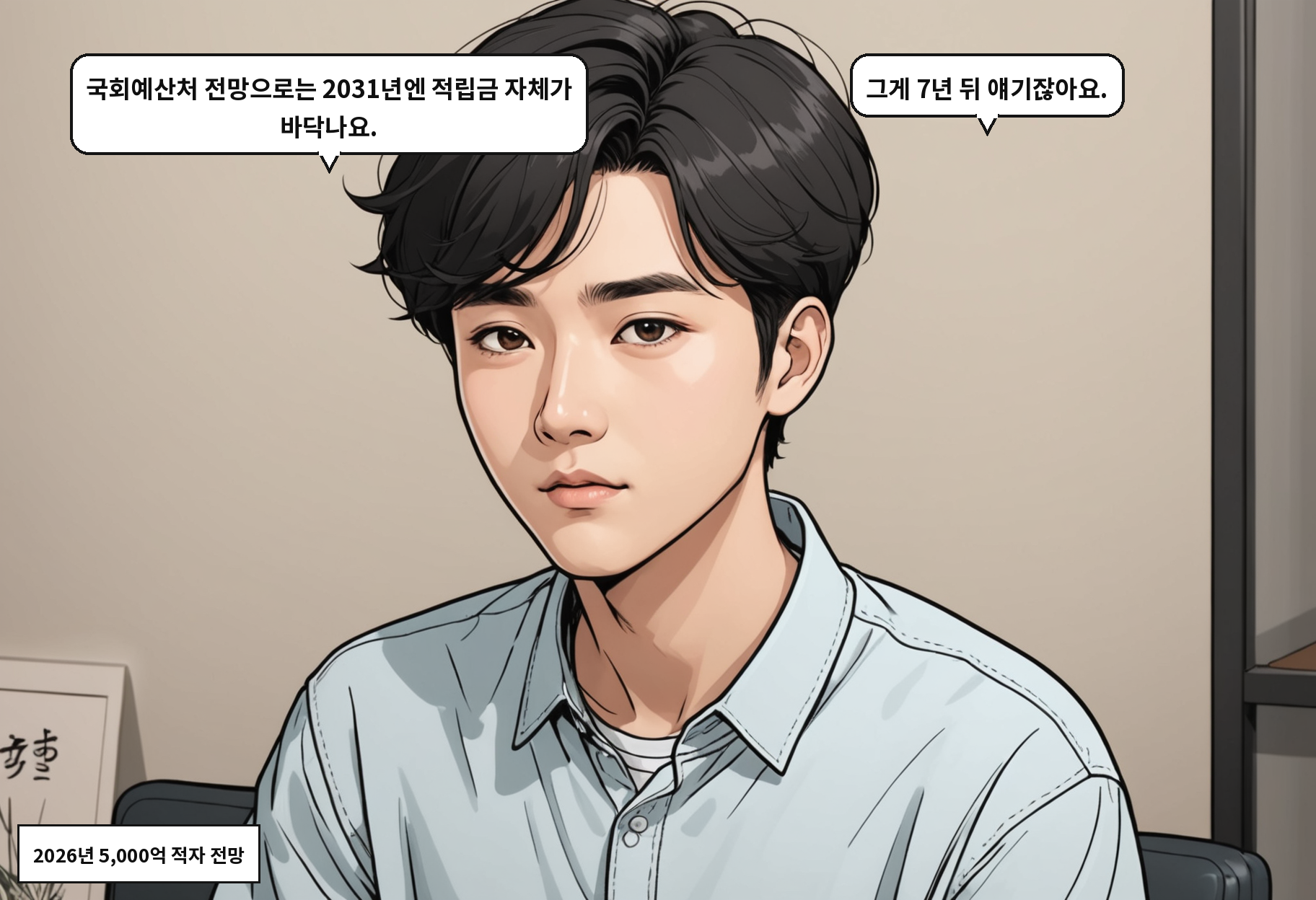 B: 국회예산처 전망으로는 2031년엔 적립금 자체가 바닥나요. A: 그게 7년 뒤 얘기잖아요.