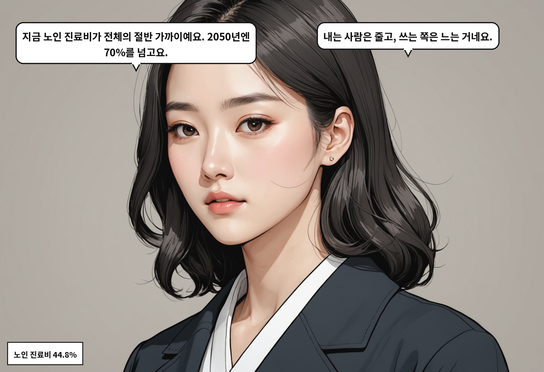 B: 지금 노인 진료비가 전체의 절반 가까이예요. 2050년엔 70%를 넘고요. A: 내는 사람은 줄고, 쓰는 쪽은 느는 거네요.