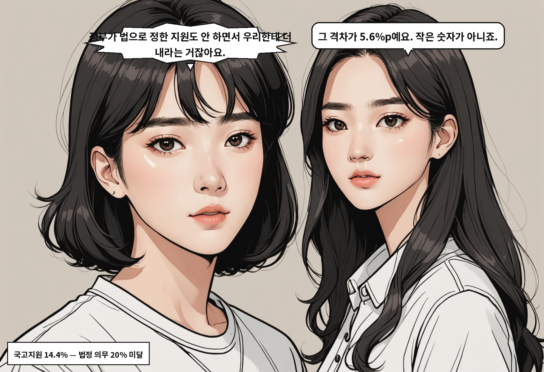 A: 정부가 법으로 정한 지원도 안 하면서 우리한테 더 내라는 거잖아요. B: 그 격차가 5.6%p예요. 작은 숫자가 아니죠.