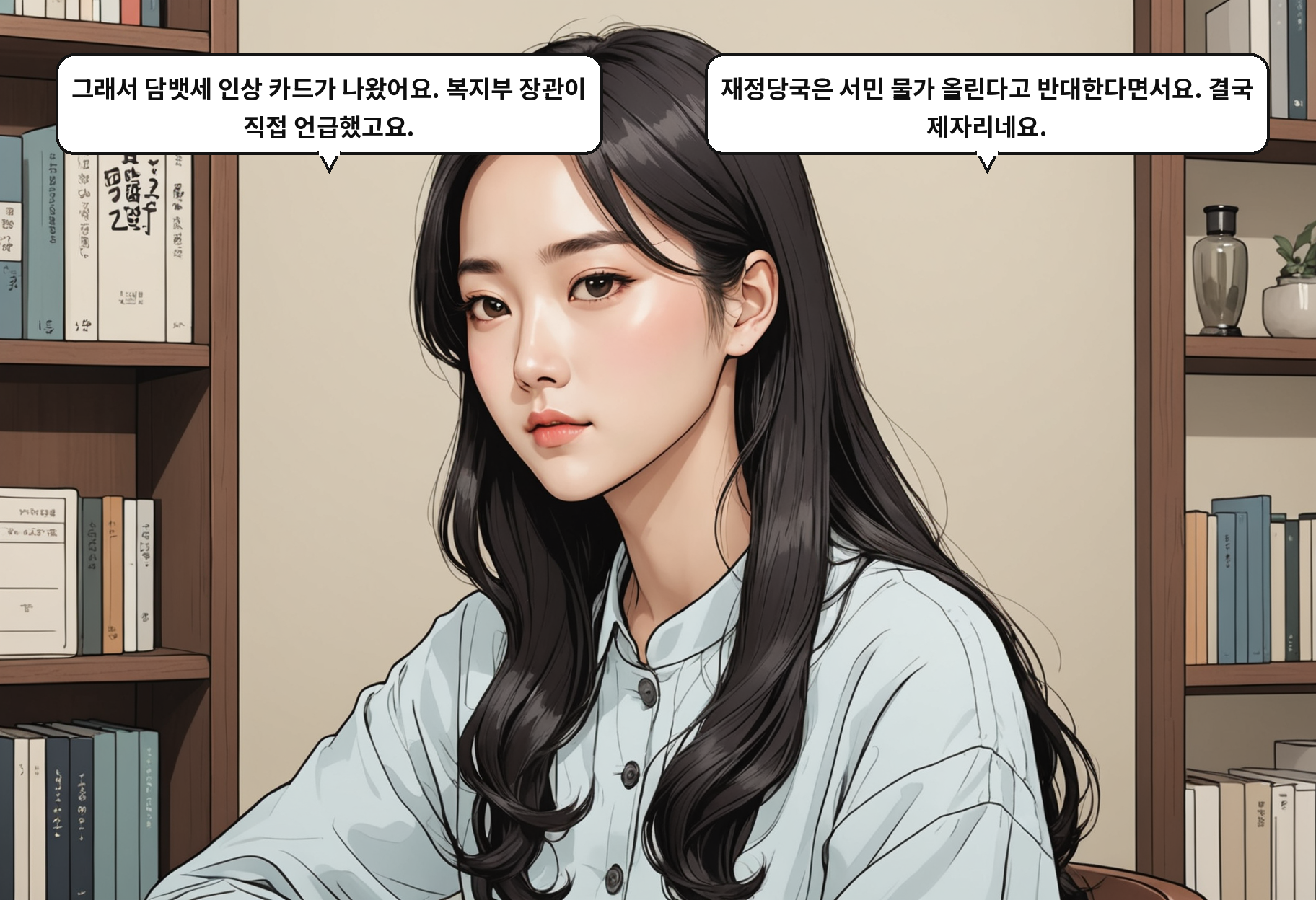 B: 그래서 담뱃세 인상 카드가 나왔어요. 복지부 장관이 직접 언급했고요. A: 재정당국은 서민 물가 올린다고 반대한다면서요. 결국 제자리네요.