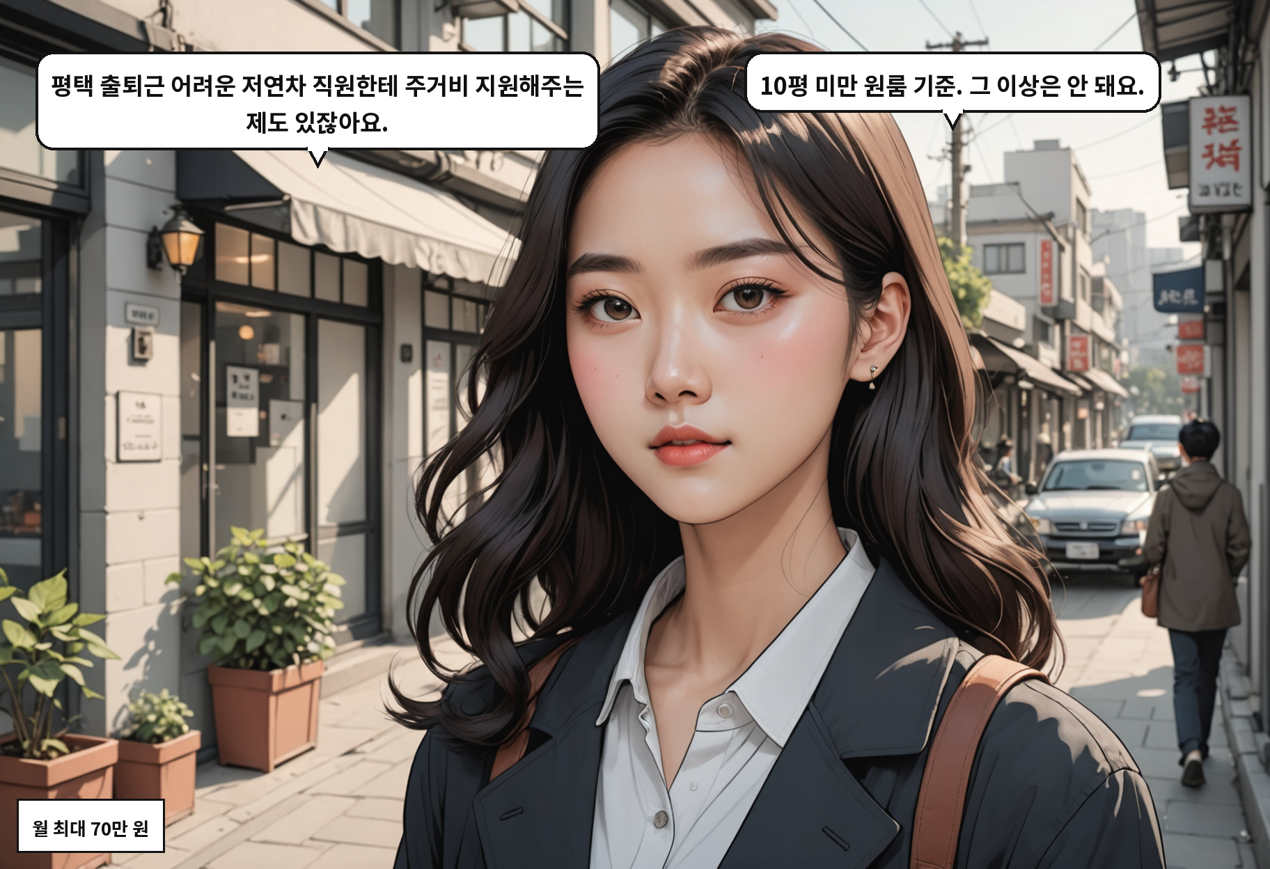 A: 평택 출퇴근 어려운 저연차 직원한테 주거비 지원해주는 제도 있잖아요. B: 10평 미만 원룸 기준. 그 이상은 안 돼요.