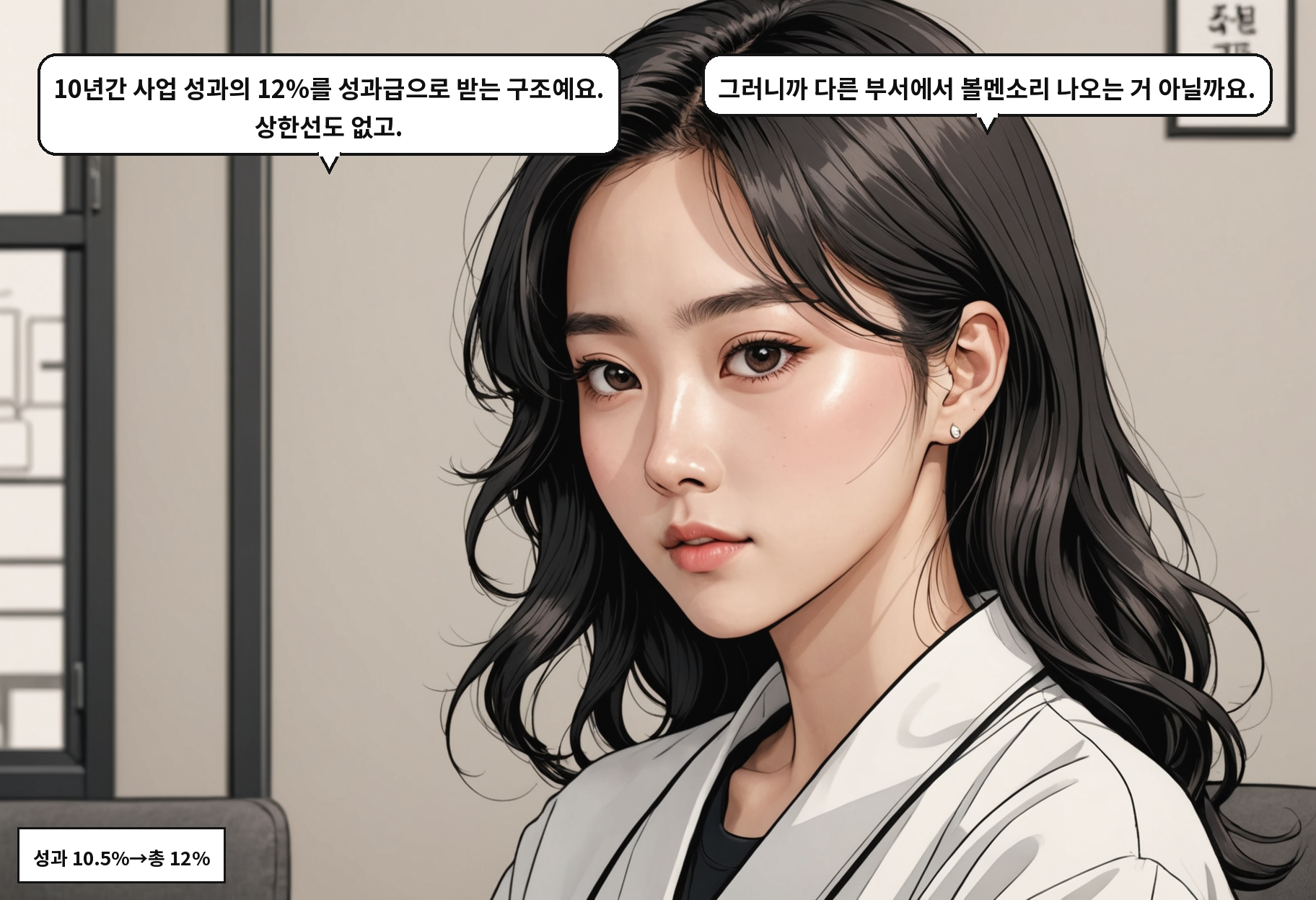 B: 10년간 사업 성과의 12%를 성과급으로 받는 구조예요. 상한선도 없고. A: 그러니까 다른 부서에서 볼멘소리 나오는 거 아닐까요.