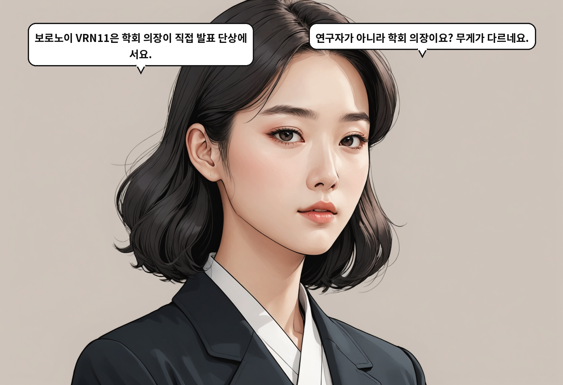 B: 보로노이 VRN11은 학회 의장이 직접 발표 단상에 서요. A: 연구자가 아니라 학회 의장이요? 무게가 다르네요.