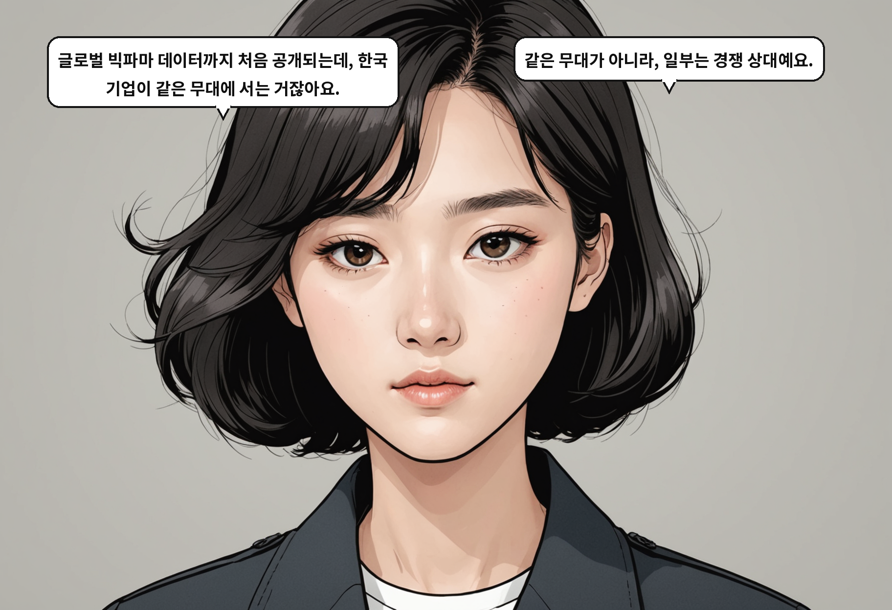 A: 글로벌 빅파마 데이터까지 처음 공개되는데, 한국 기업이 같은 무대에 서는 거잖아요. B: 같은 무대가 아니라, 일부는 경쟁 상대예요.