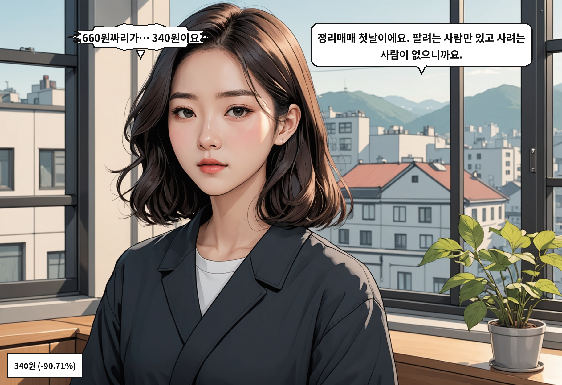 B: 3,660원짜리가… 340원이요?! A: 정리매매 첫날이에요. 팔려는 사람만 있고 사려는 사람이 없으니까요.