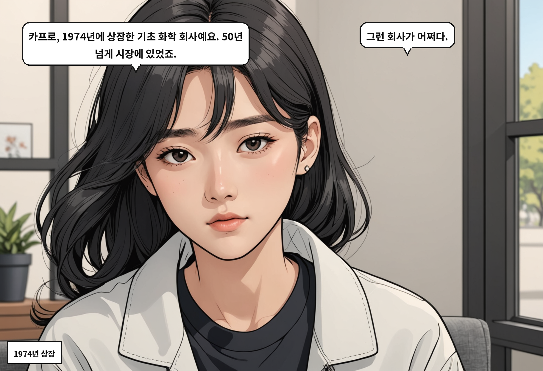 A: 카프로, 1974년에 상장한 기초 화학 회사예요. 50년 넘게 시장에 있었죠. B: 그런 회사가 어쩌다.