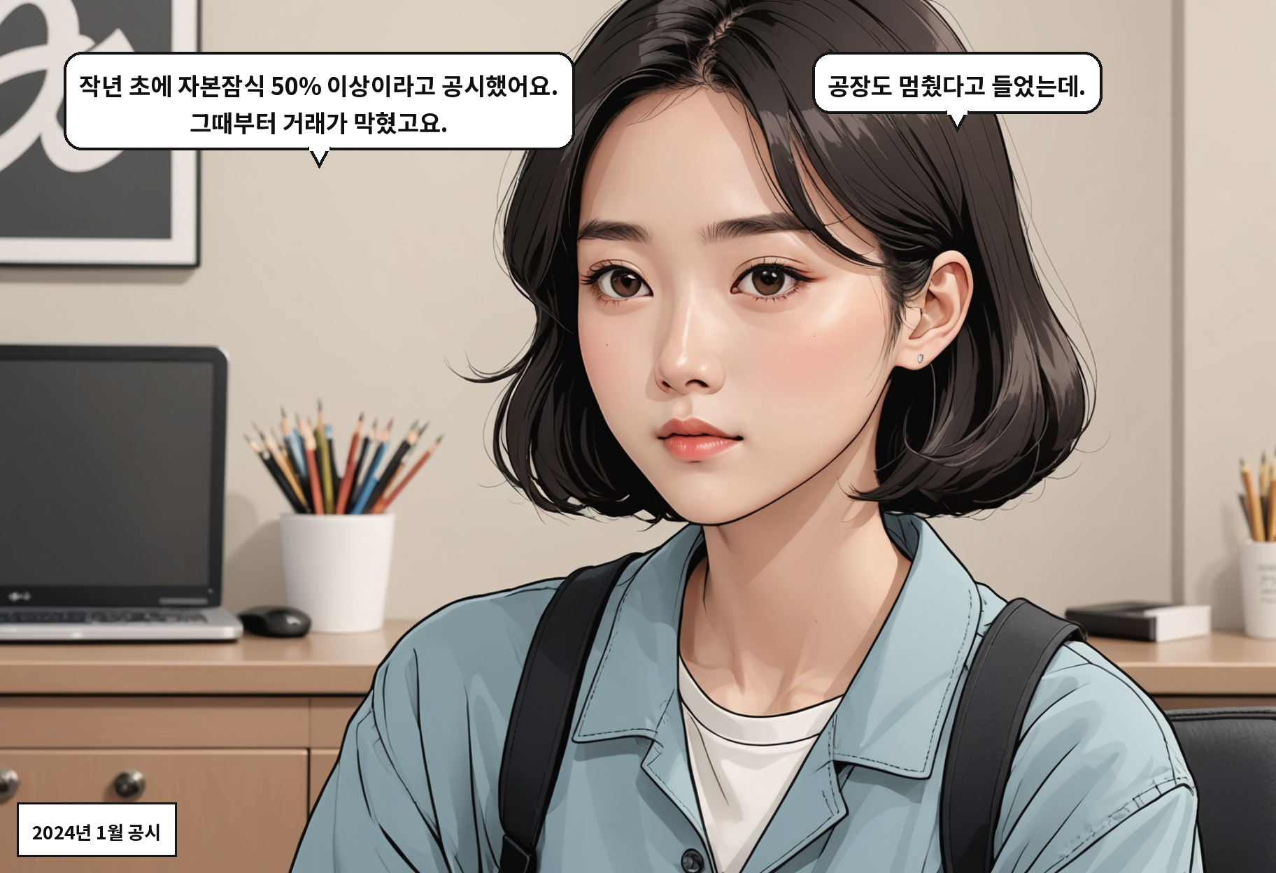 A: 작년 초에 자본잠식 50% 이상이라고 공시했어요. 그때부터 거래가 막혔고요. B: 공장도 멈췄다고 들었는데.