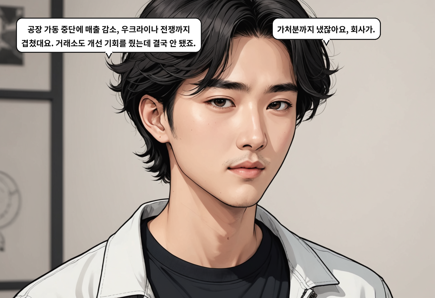 A: 공장 가동 중단에 매출 감소, 우크라이나 전쟁까지 겹쳤대요. 거래소도 개선 기회를 줬는데 결국 안 됐죠. B: 가처분까지 냈잖아요, 회사가.
