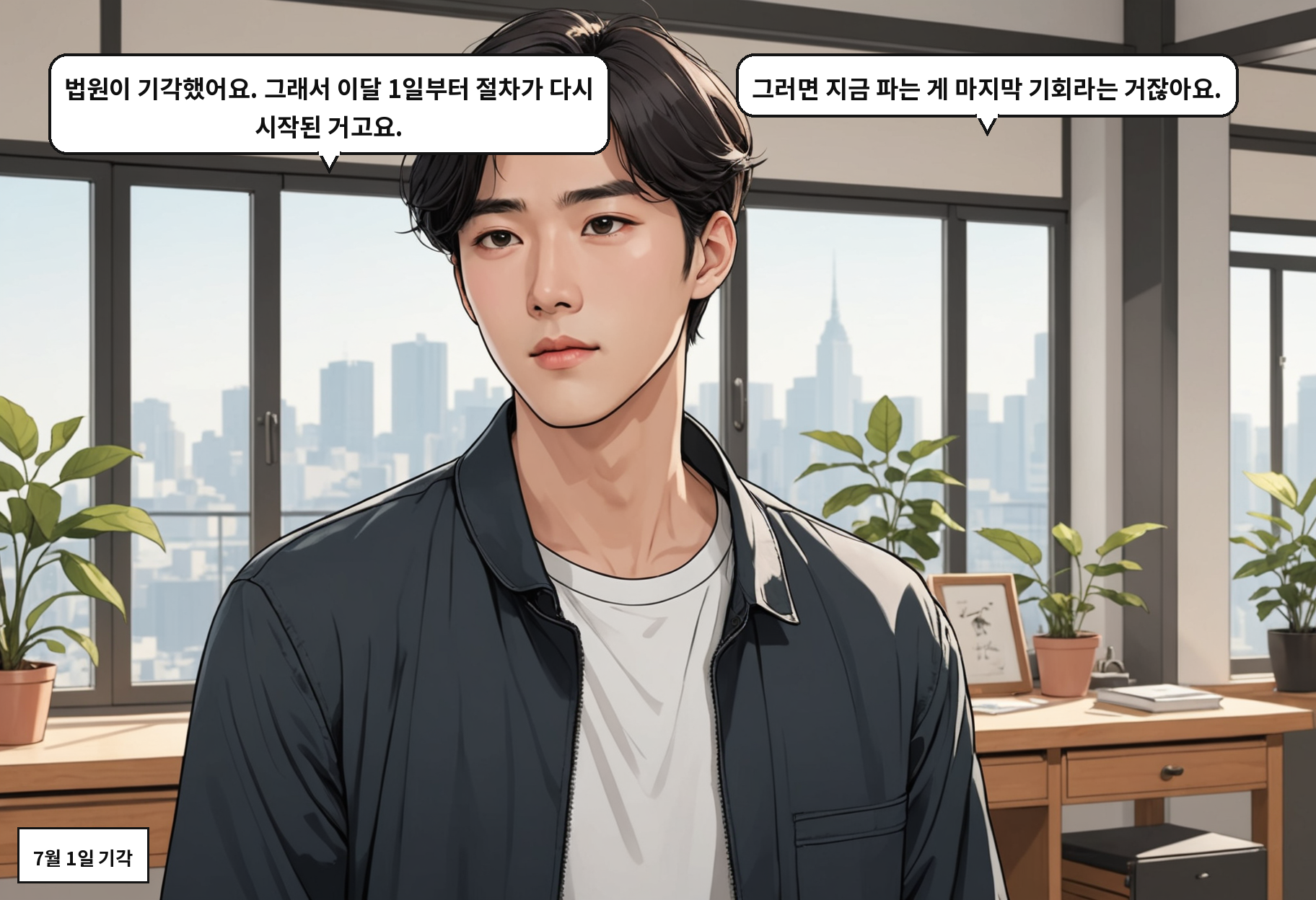 A: 법원이 기각했어요. 그래서 이달 1일부터 절차가 다시 시작된 거고요. B: 그러면 지금 파는 게 마지막 기회라는 거잖아요.