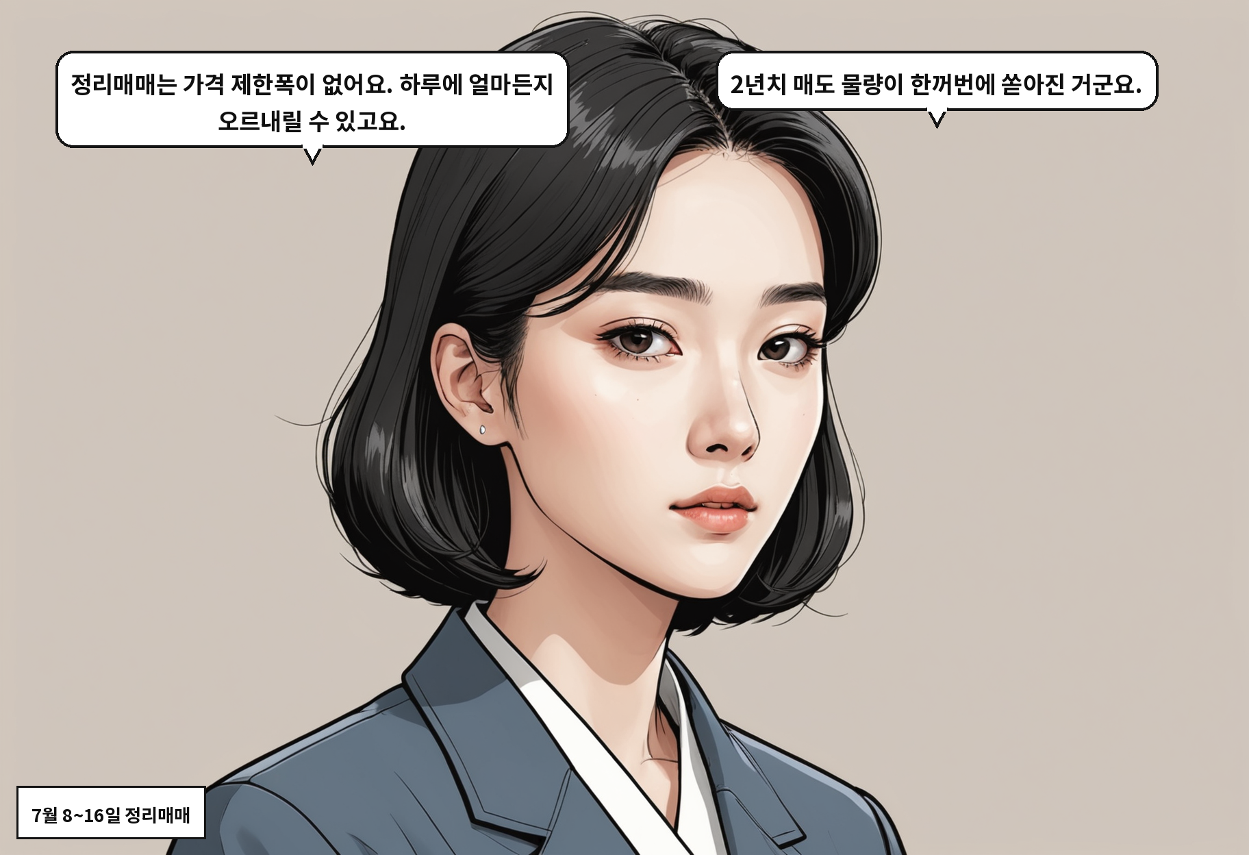 A: 정리매매는 가격 제한폭이 없어요. 하루에 얼마든지 오르내릴 수 있고요. B: 2년치 매도 물량이 한꺼번에 쏟아진 거군요.