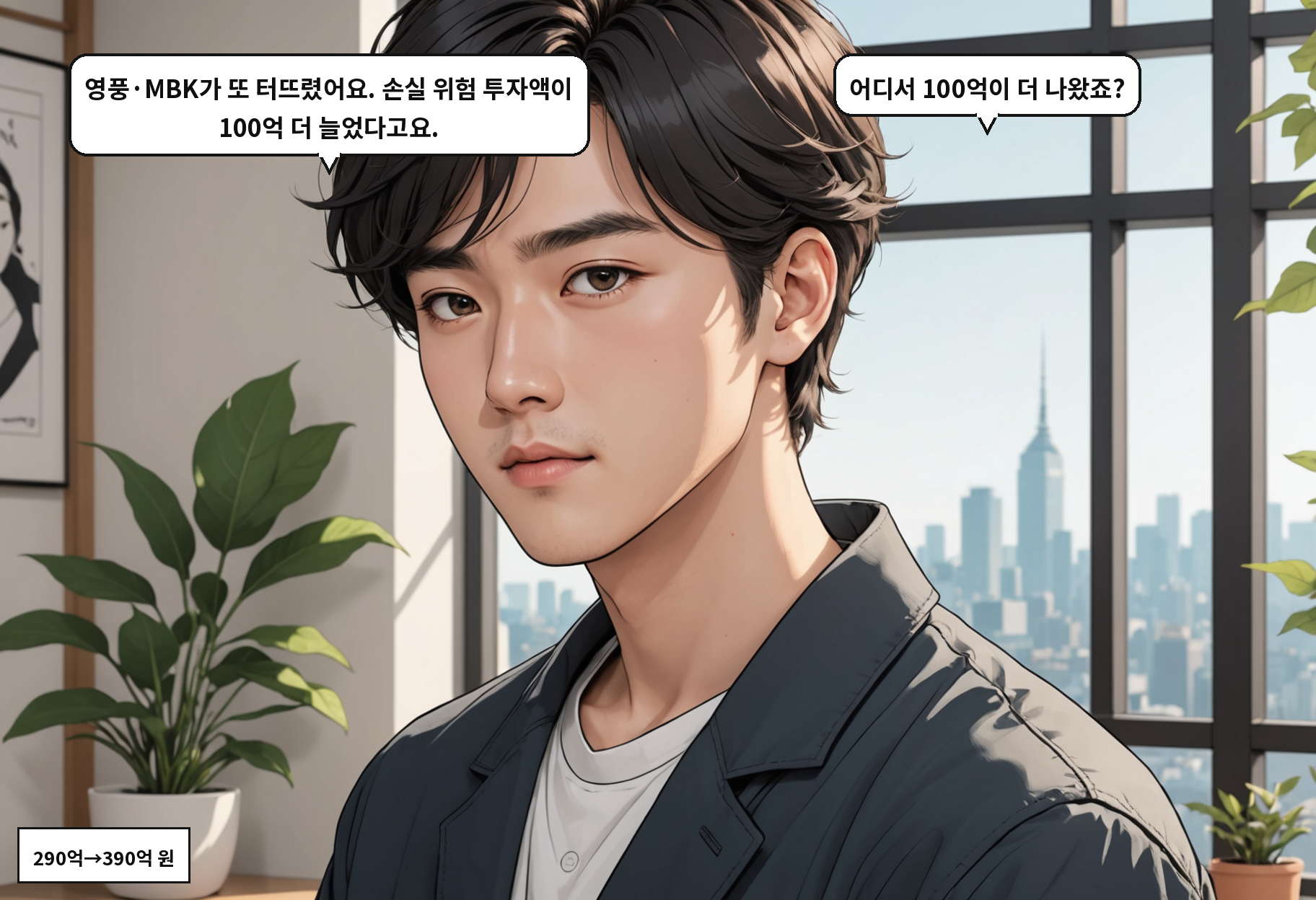 B: 영풍·MBK가 또 터뜨렸어요. 손실 위험 투자액이 100억 더 늘었다고요. A: 어디서 100억이 더 나왔죠?