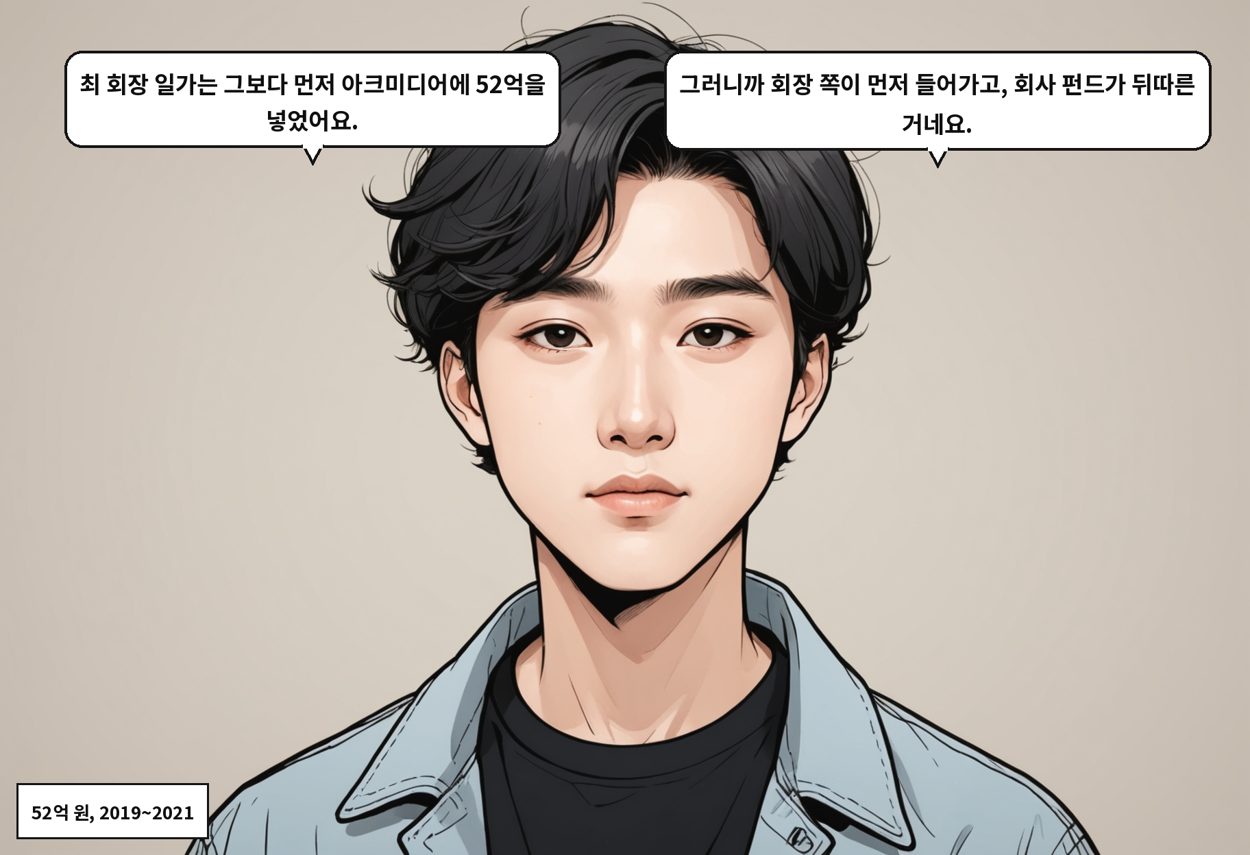 B: 최 회장 일가는 그보다 먼저 아크미디어에 52억을 넣었어요. A: 그러니까 회장 쪽이 먼저 들어가고, 회사 펀드가 뒤따른 거네요.