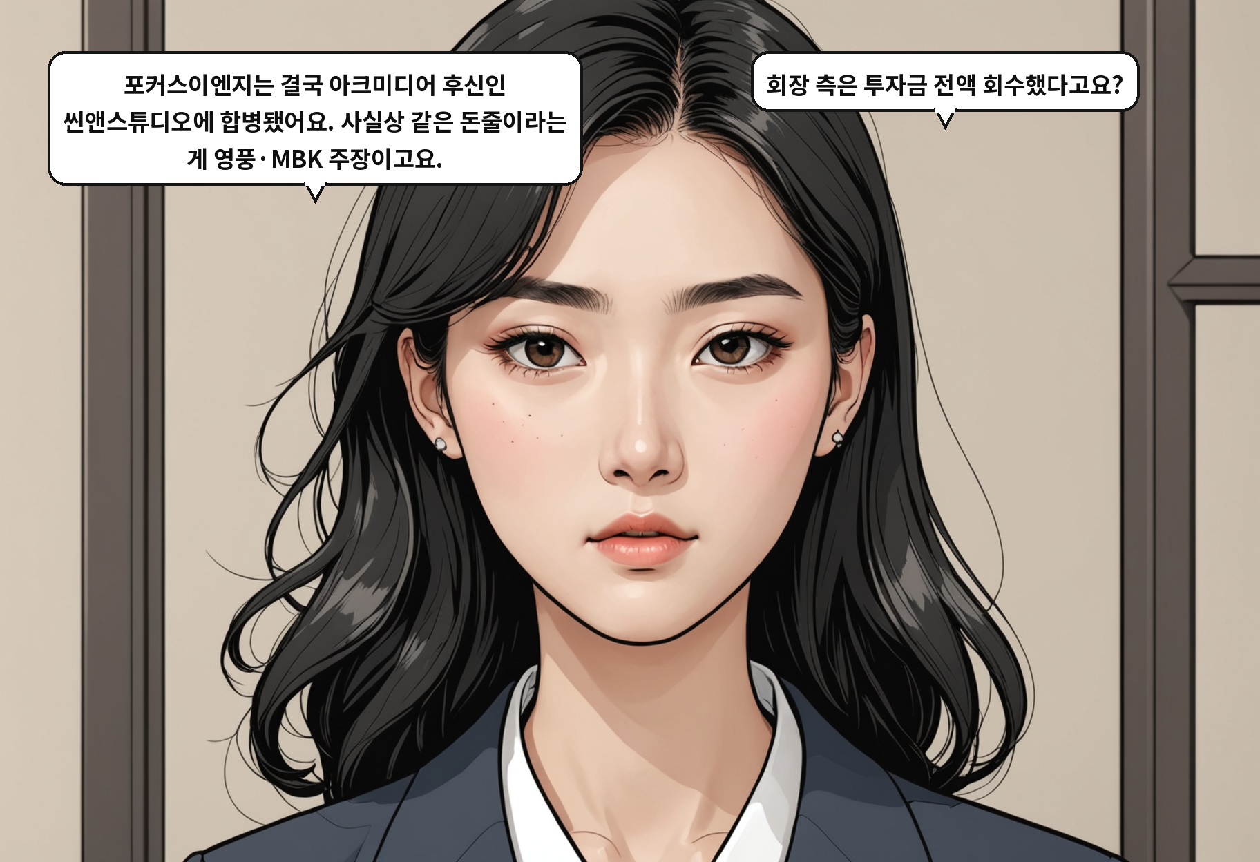 B: 포커스이엔지는 결국 아크미디어 후신인 씬앤스튜디오에 합병됐어요. 사실상 같은 돈줄이라는 게 영풍·MBK 주장이고요. A: 회장 측은 투자금 전액 회수했다고요?