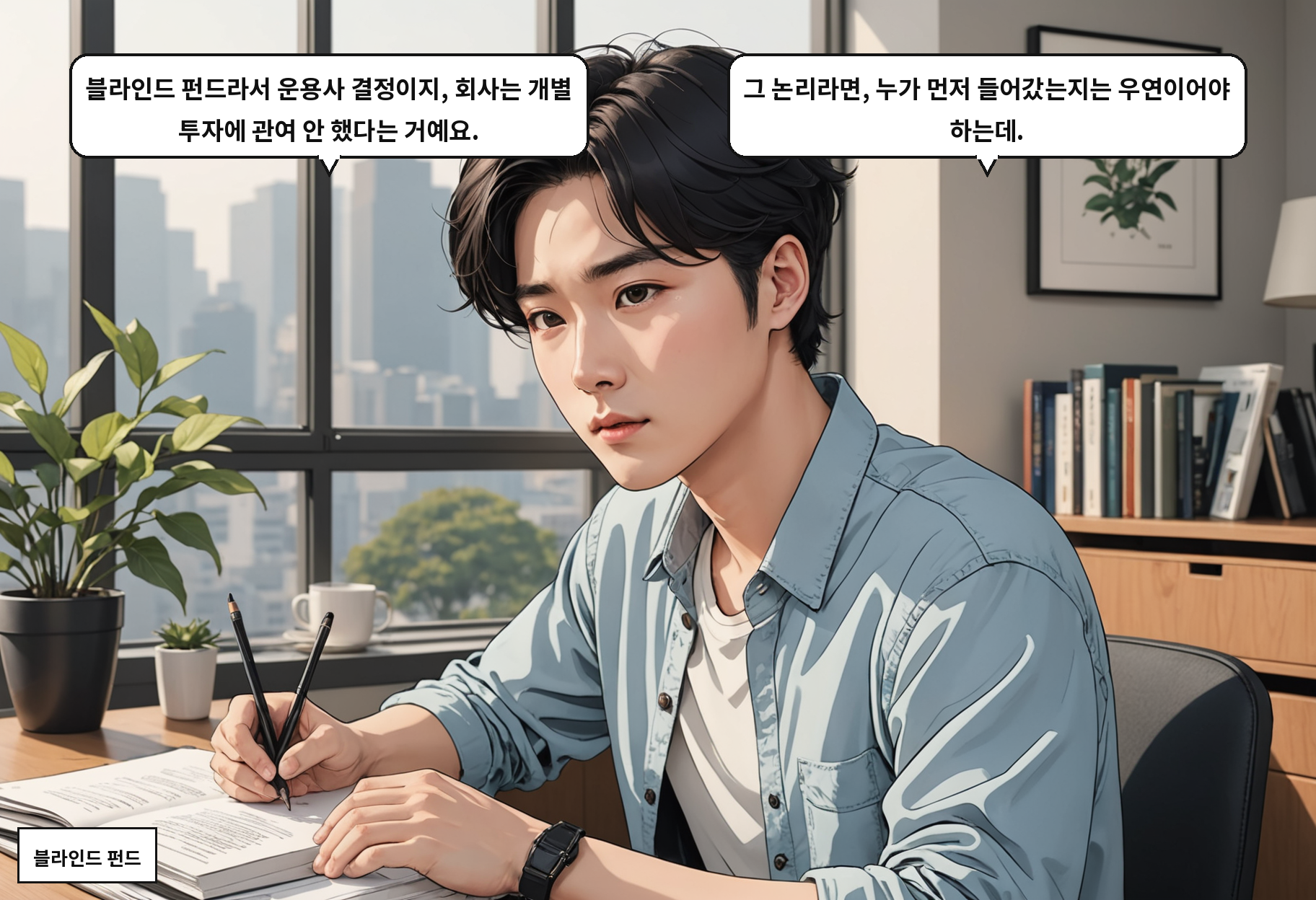 B: 블라인드 펀드라서 운용사 결정이지, 회사는 개별 투자에 관여 안 했다는 거예요. A: 그 논리라면, 누가 먼저 들어갔는지는 우연이어야 하는데.