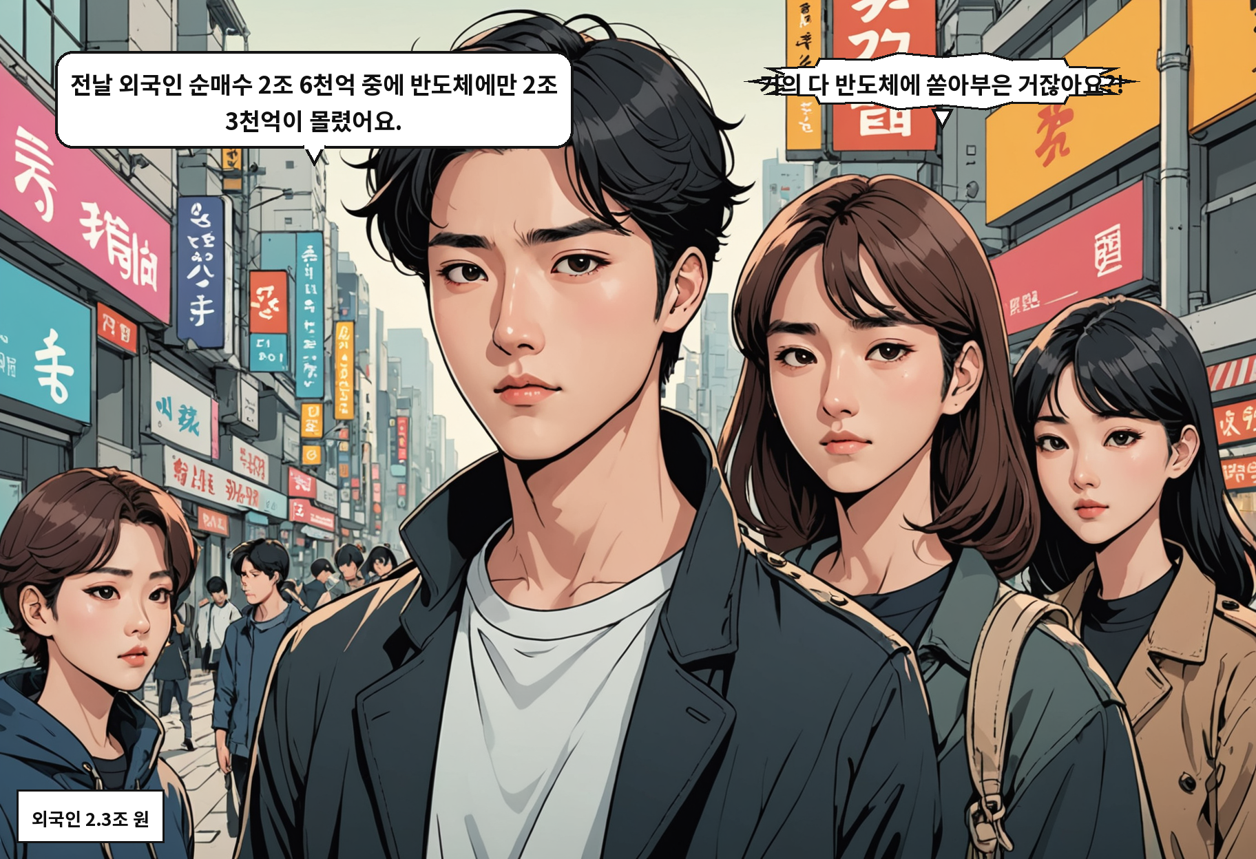 A: 전날 외국인 순매수 2조 6천억 중에 반도체에만 2조 3천억이 몰렸어요. B: 거의 다 반도체에 쏟아부은 거잖아요?!
