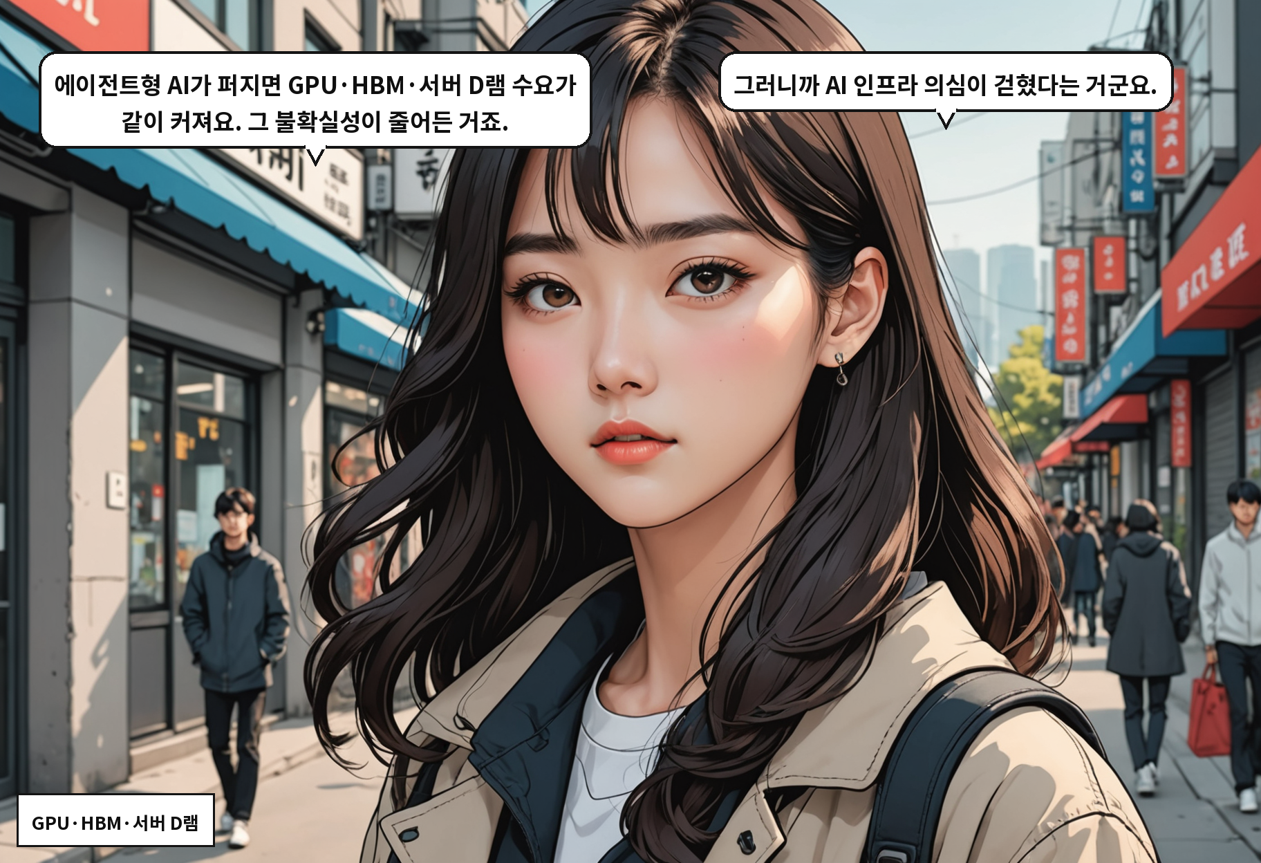 A: 에이전트형 AI가 퍼지면 GPU·HBM·서버 D램 수요가 같이 커져요. 그 불확실성이 줄어든 거죠. B: 그러니까 AI 인프라 의심이 걷혔다는 거군요.