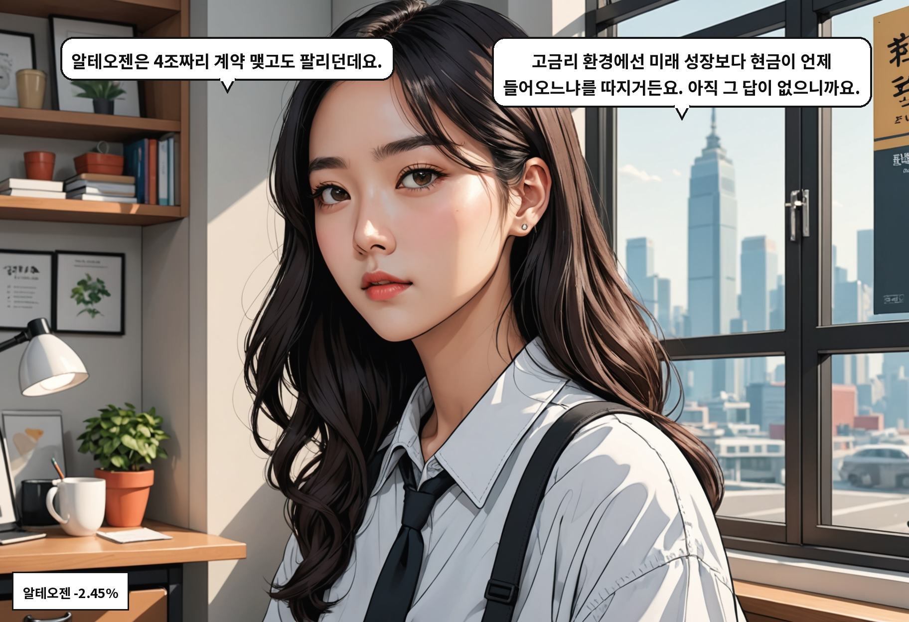 B: 알테오젠은 4조짜리 계약 맺고도 팔리던데요. A: 고금리 환경에선 미래 성장보다 현금이 언제 들어오느냐를 따지거든요. 아직 그 답이 없으니까요.