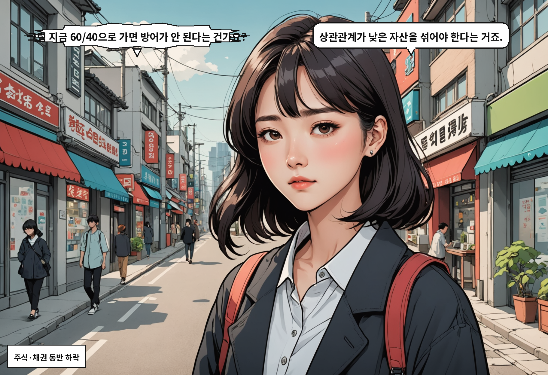A: 그럼 지금 60/40으로 가면 방어가 안 된다는 건가요? B: 상관관계가 낮은 자산을 섞어야 한다는 거죠.