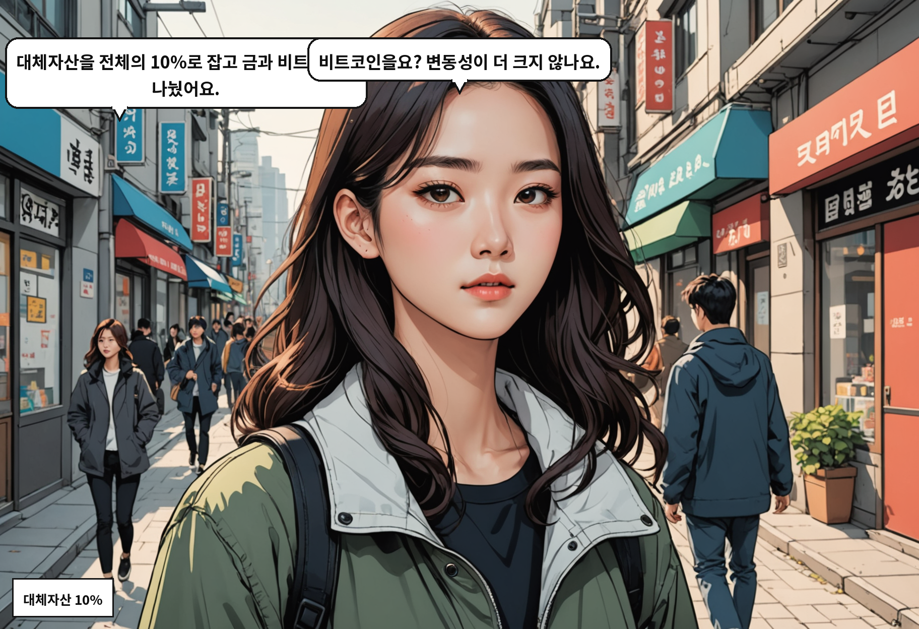 B: 대체자산을 전체의 10%로 잡고 금과 비트코인을 나눴어요. A: 비트코인을요? 변동성이 더 크지 않나요.