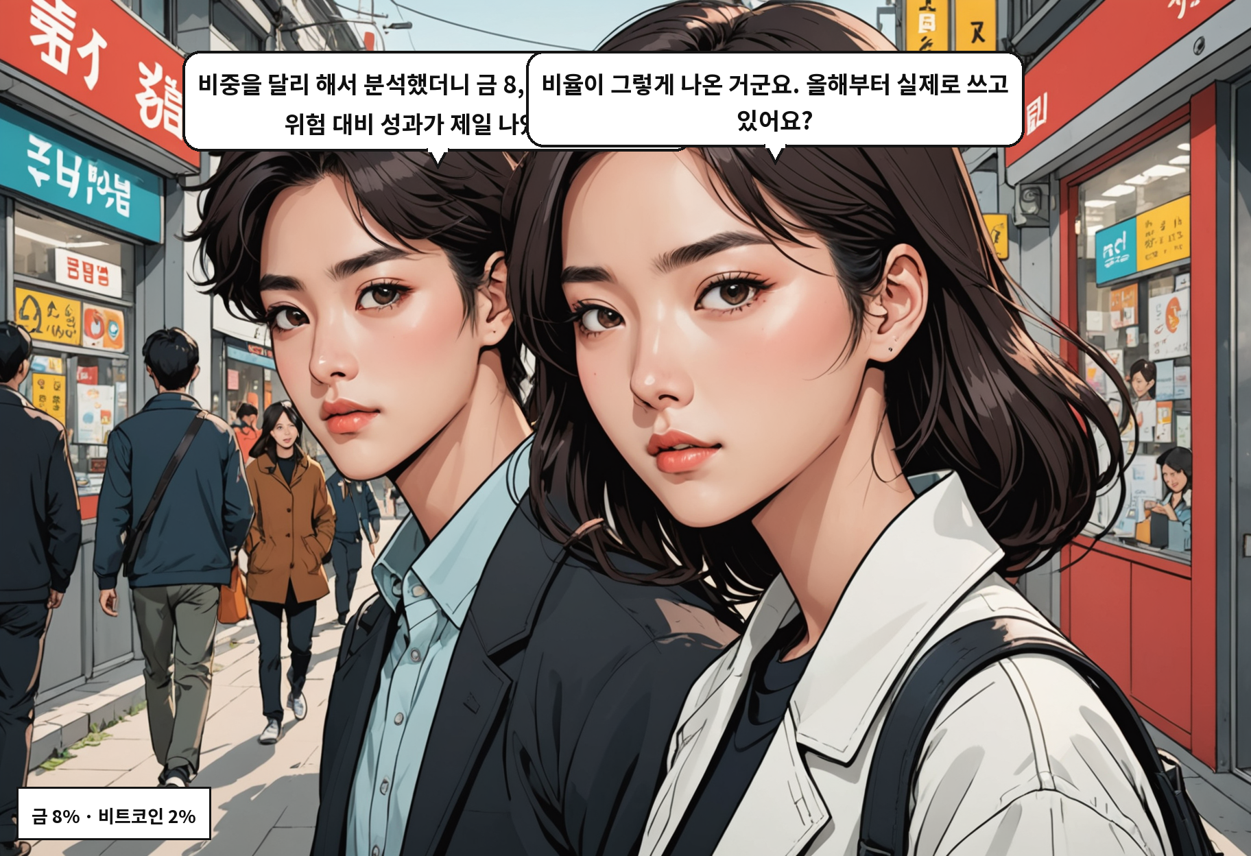 B: 비중을 달리 해서 분석했더니 금 8, 비트코인 2에서 위험 대비 성과가 제일 나았어요. A: 비율이 그렇게 나온 거군요. 올해부터 실제로 쓰고 있어요?