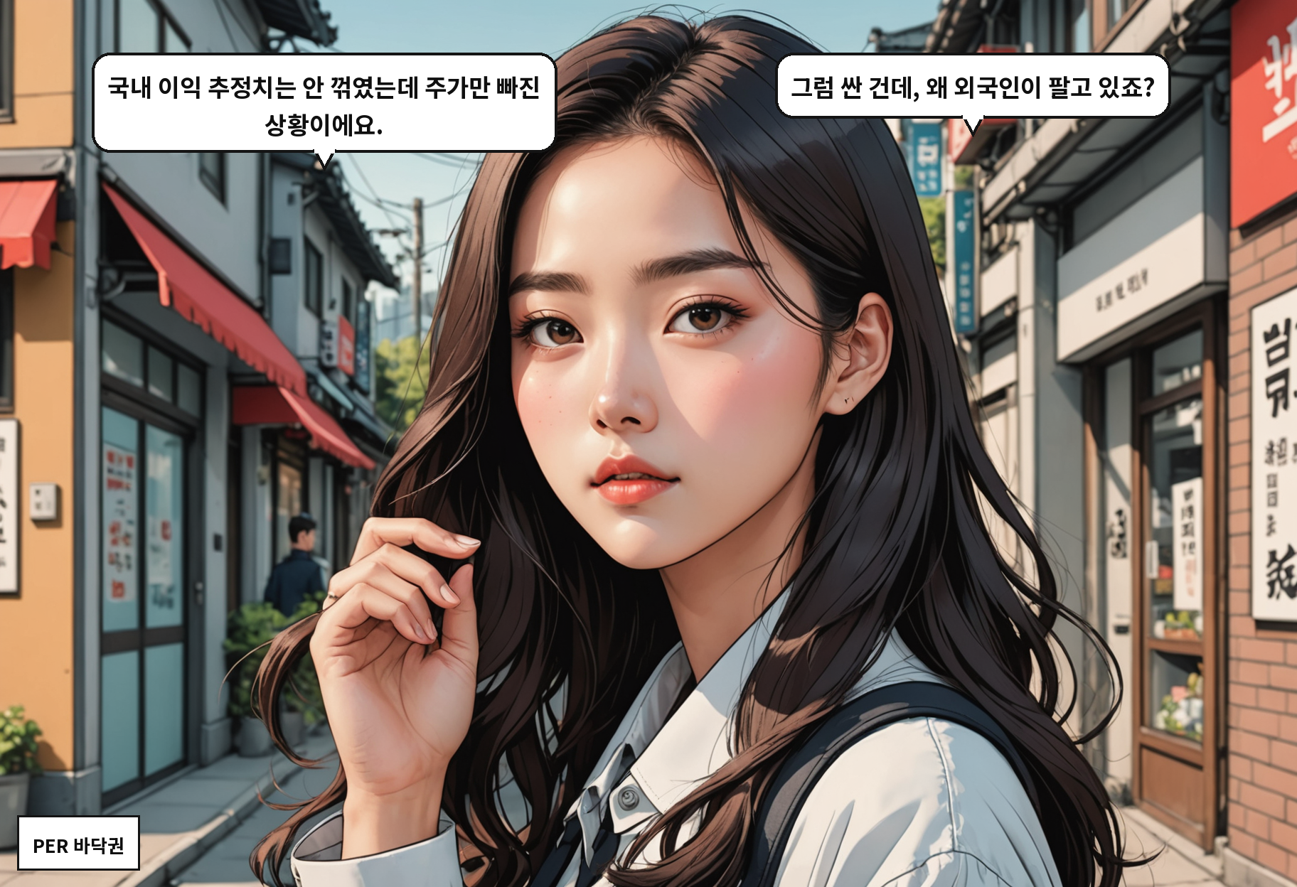 B: 국내 이익 추정치는 안 꺾였는데 주가만 빠진 상황이에요. A: 그럼 싼 건데, 왜 외국인이 팔고 있죠?