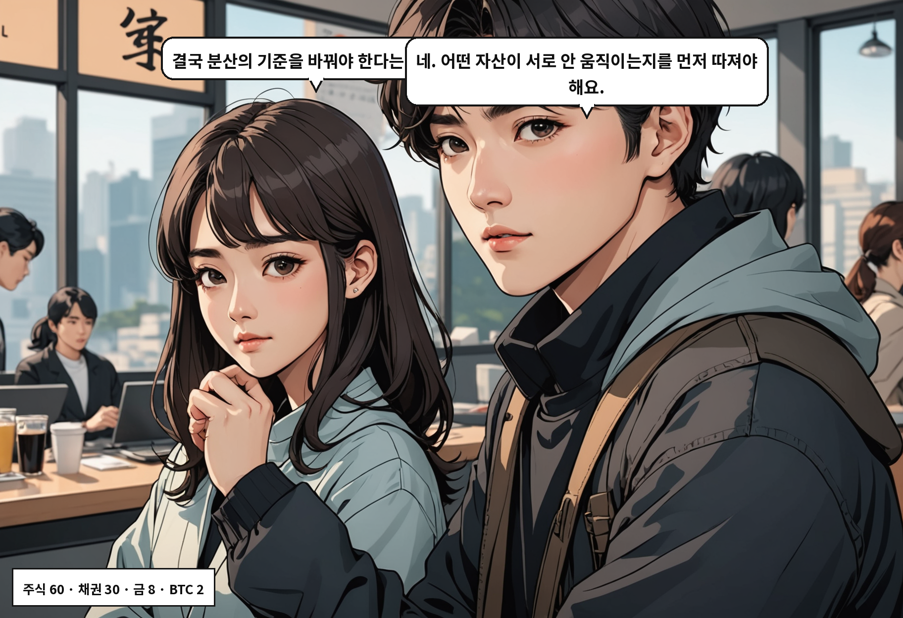 A: 결국 분산의 기준을 바꿔야 한다는 거네요. B: 네. 어떤 자산이 서로 안 움직이는지를 먼저 따져야 해요.