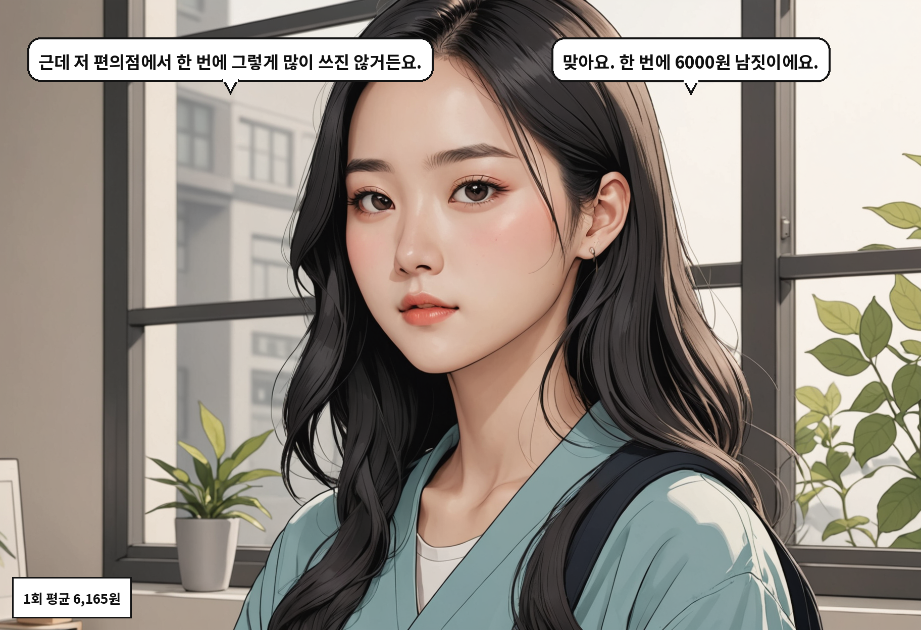 A: 근데 저 편의점에서 한 번에 그렇게 많이 쓰진 않거든요. B: 맞아요. 한 번에 6000원 남짓이에요.
