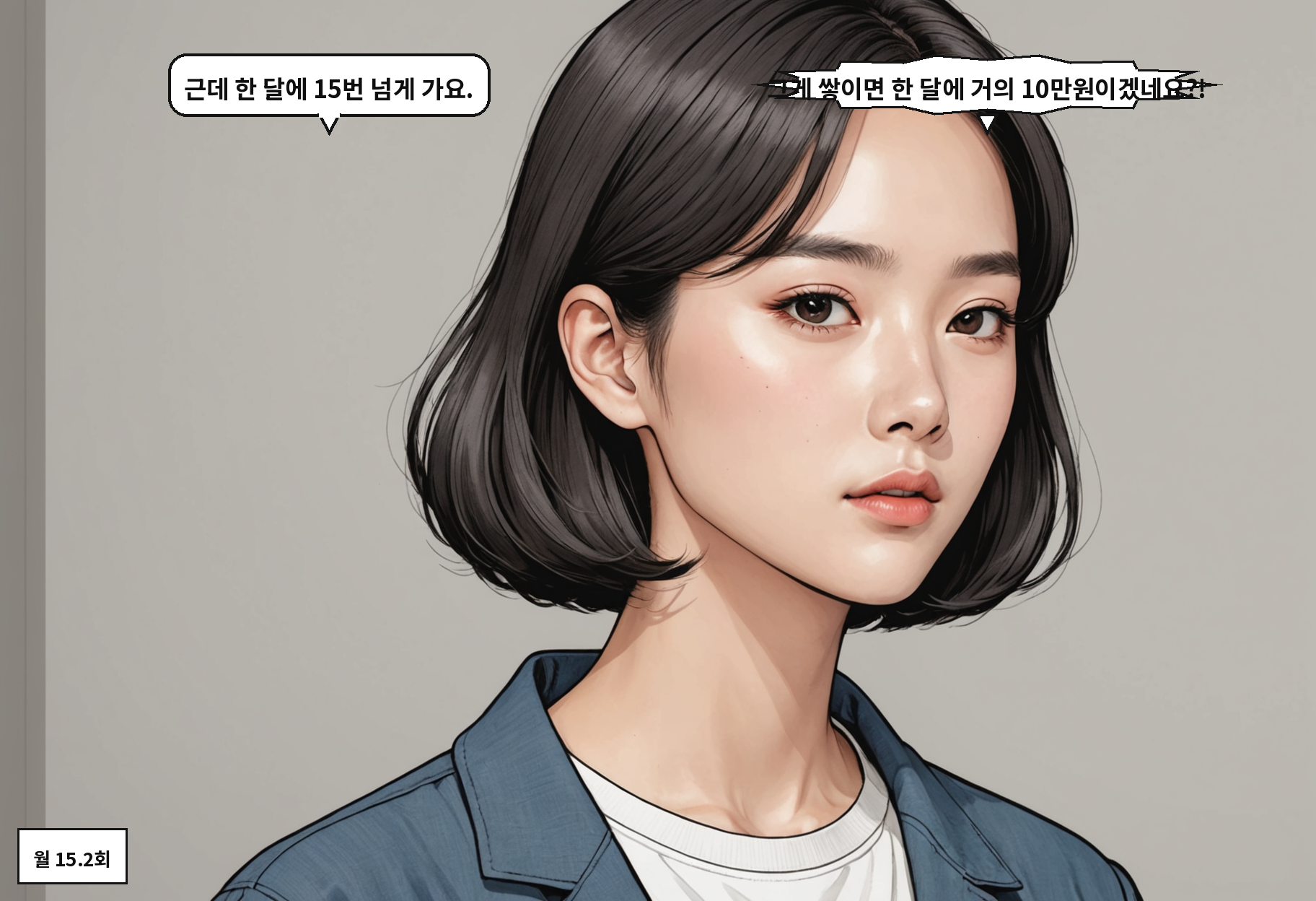 B: 근데 한 달에 15번 넘게 가요. A: 그게 쌓이면 한 달에 거의 10만원이겠네요?!