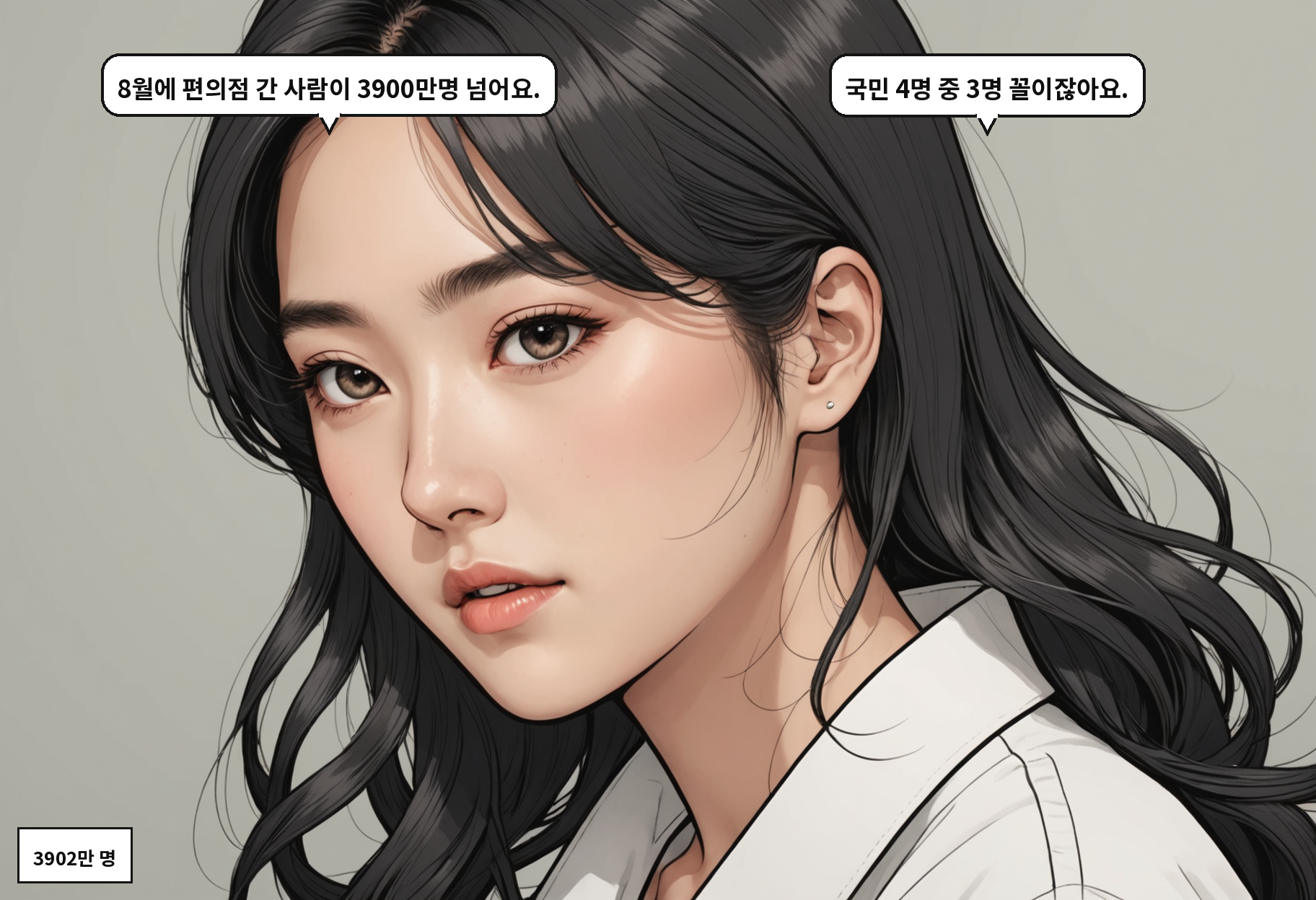B: 8월에 편의점 간 사람이 3900만명 넘어요. A: 국민 4명 중 3명 꼴이잖아요.