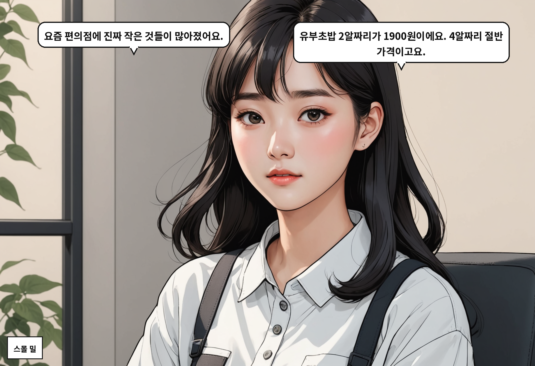 A: 요즘 편의점에 진짜 작은 것들이 많아졌어요. B: 유부초밥 2알짜리가 1900원이에요. 4알짜리 절반 가격이고요.