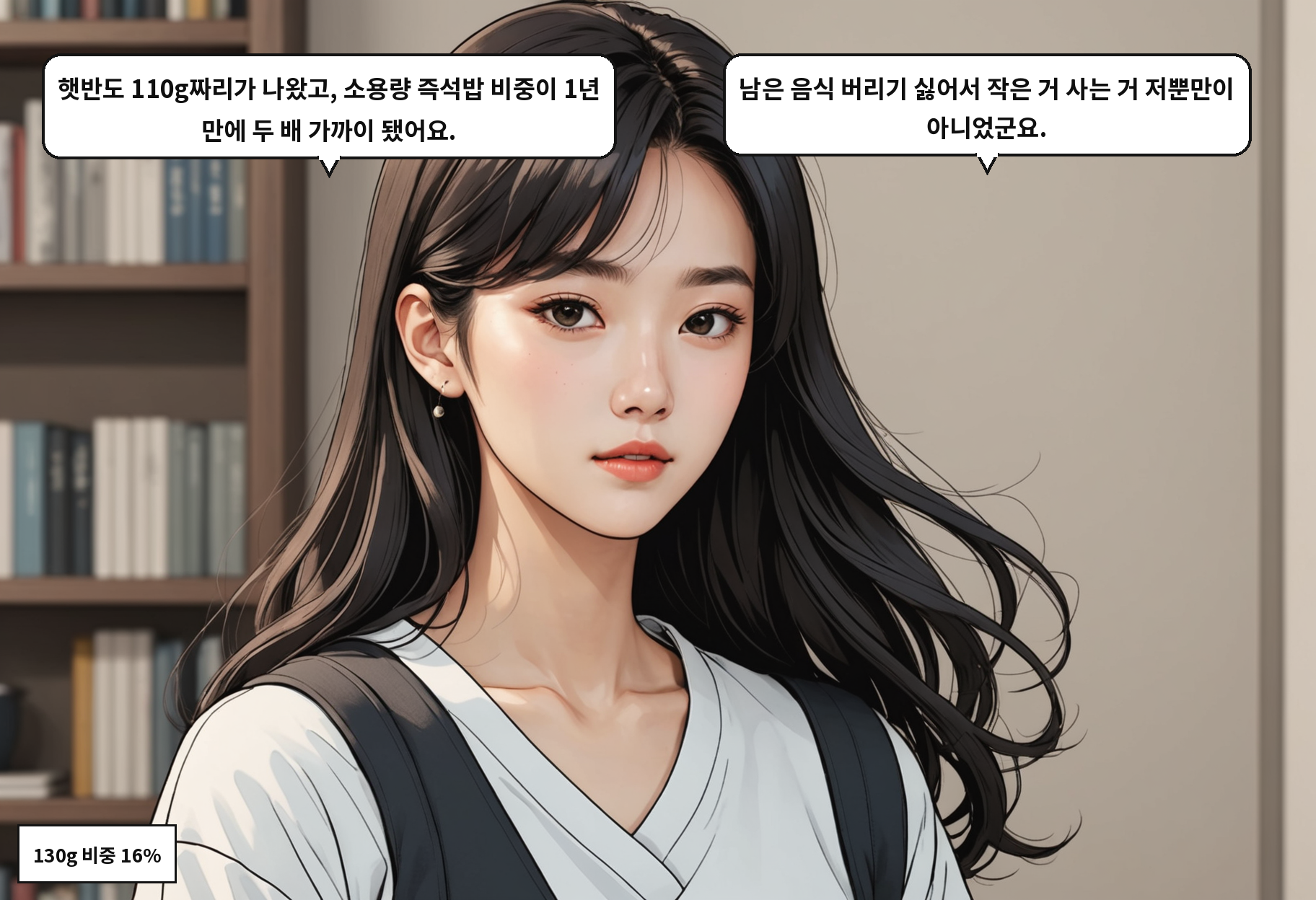 B: 햇반도 110g짜리가 나왔고, 소용량 즉석밥 비중이 1년 만에 두 배 가까이 됐어요. A: 남은 음식 버리기 싫어서 작은 거 사는 거 저뿐만이 아니었군요.