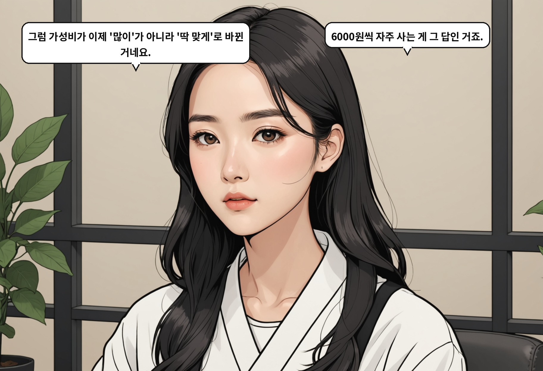 A: 그럼 가성비가 이제 '많이'가 아니라 '딱 맞게'로 바뀐 거네요. B: 6000원씩 자주 사는 게 그 답인 거죠.