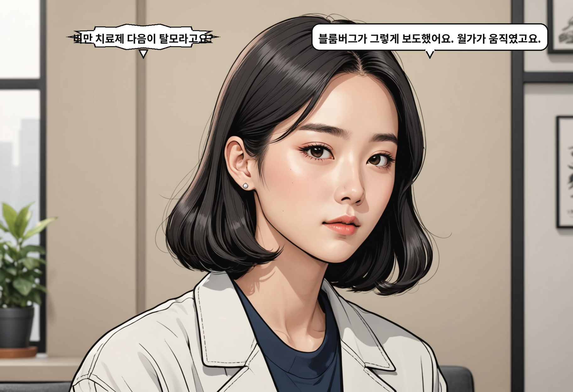 B: 비만 치료제 다음이 탈모라고요? A: 블룸버그가 그렇게 보도했어요. 월가가 움직였고요.