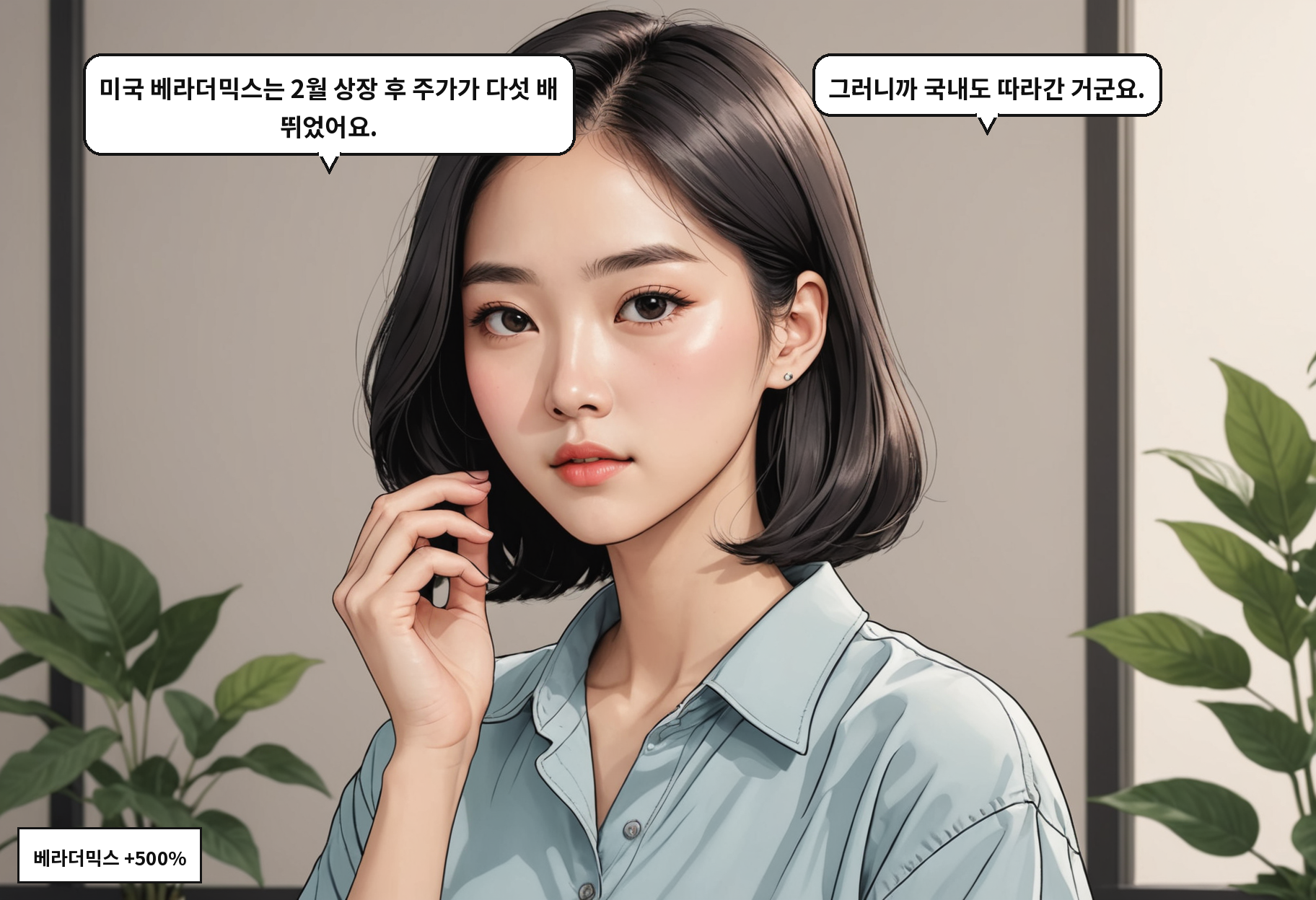 A: 미국 베라더믹스는 2월 상장 후 주가가 다섯 배 뛰었어요. B: 그러니까 국내도 따라간 거군요.