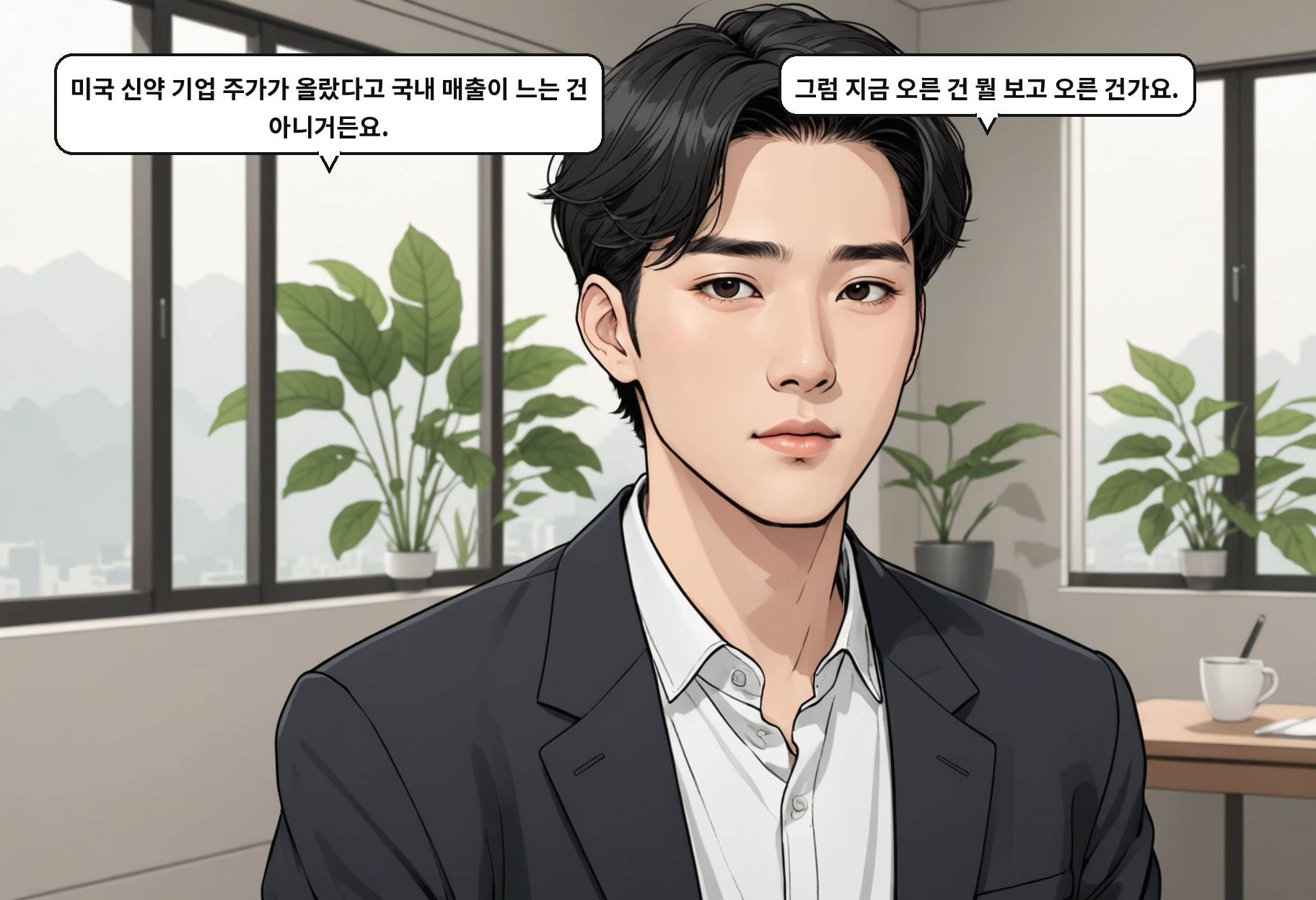 A: 미국 신약 기업 주가가 올랐다고 국내 매출이 느는 건 아니거든요. B: 그럼 지금 오른 건 뭘 보고 오른 건가요.