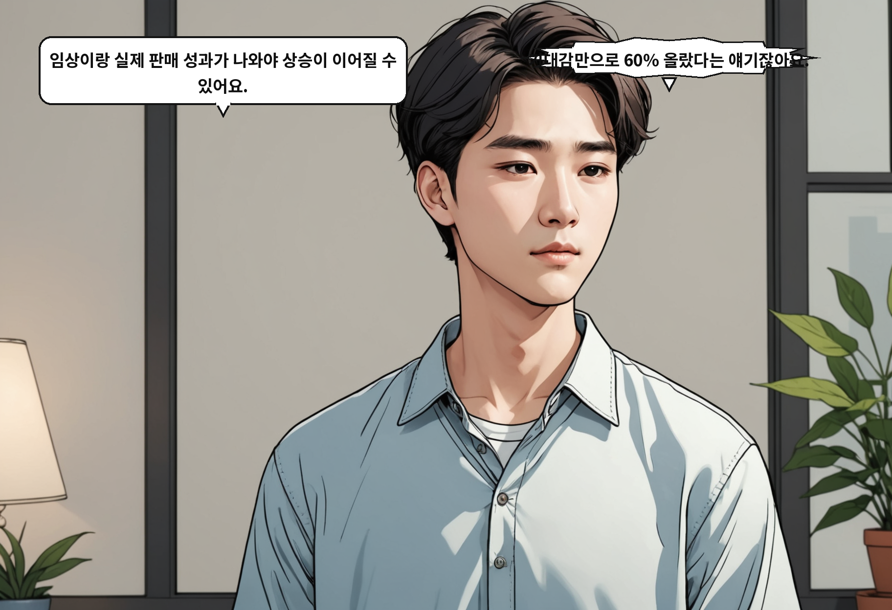 A: 임상이랑 실제 판매 성과가 나와야 상승이 이어질 수 있어요. B: 기대감만으로 60% 올랐다는 얘기잖아요.
