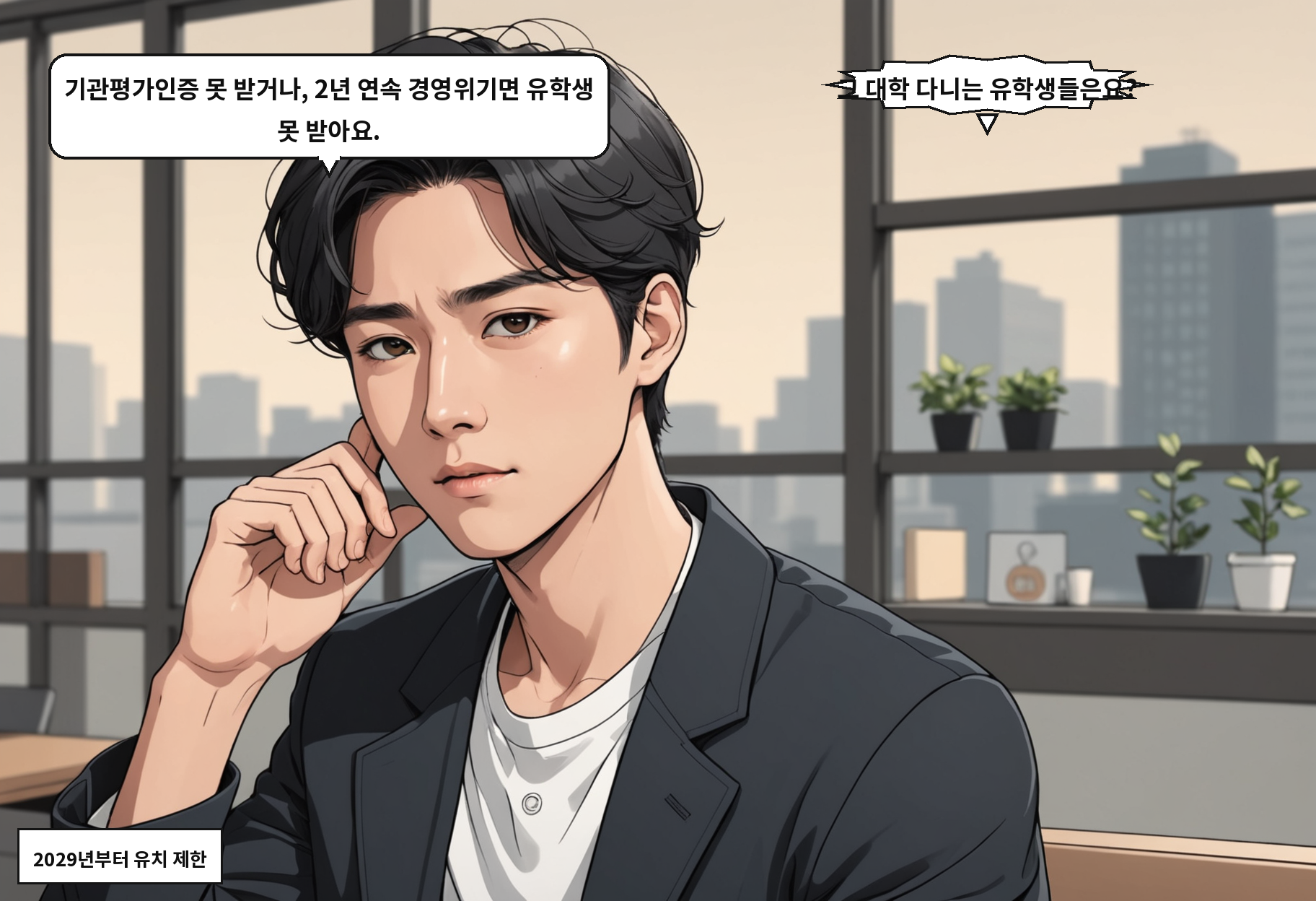 A: 기관평가인증 못 받거나, 2년 연속 경영위기면 유학생 못 받아요. B: 그 대학 다니는 유학생들은요?