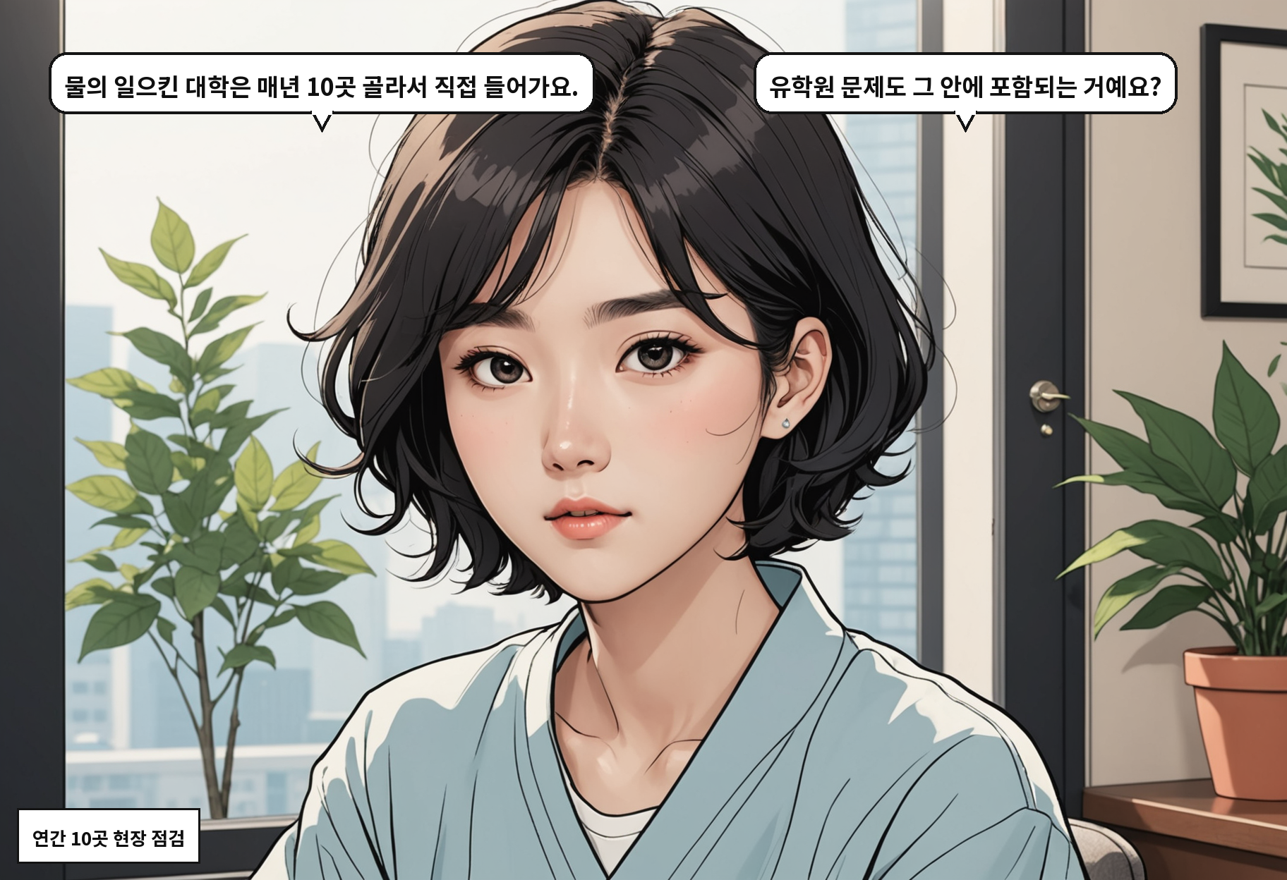 A: 물의 일으킨 대학은 매년 10곳 골라서 직접 들어가요. B: 유학원 문제도 그 안에 포함되는 거예요?