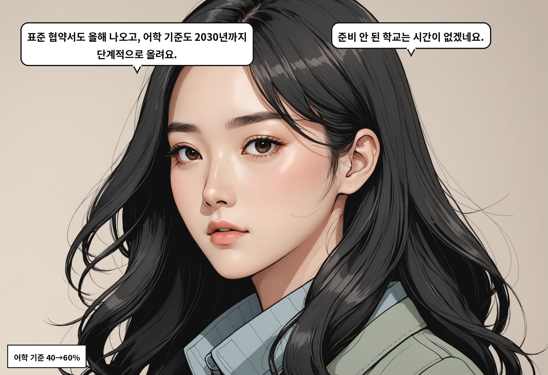 A: 표준 협약서도 올해 나오고, 어학 기준도 2030년까지 단계적으로 올려요. B: 준비 안 된 학교는 시간이 없겠네요.