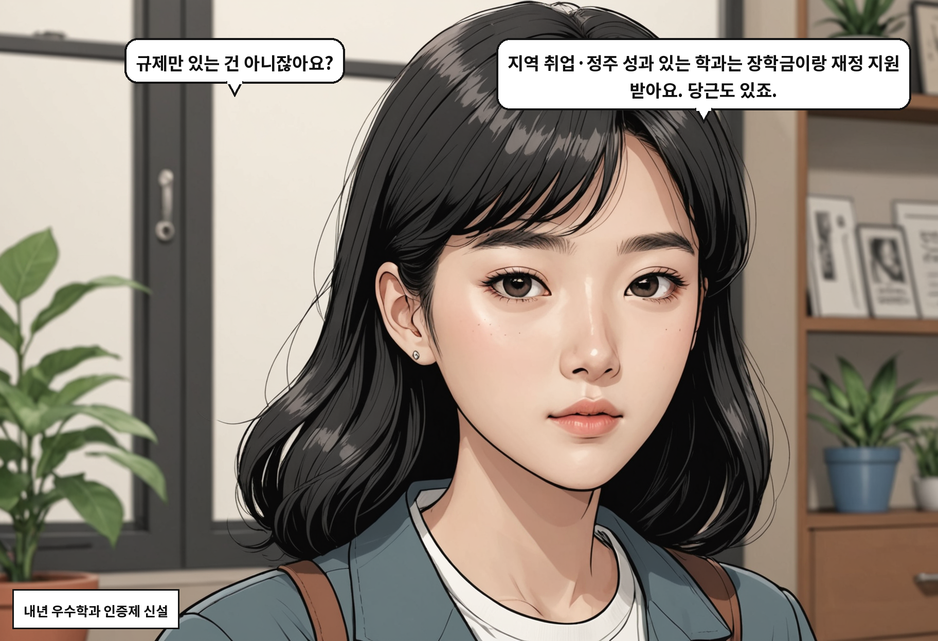 B: 규제만 있는 건 아니잖아요? A: 지역 취업·정주 성과 있는 학과는 장학금이랑 재정 지원 받아요. 당근도 있죠.