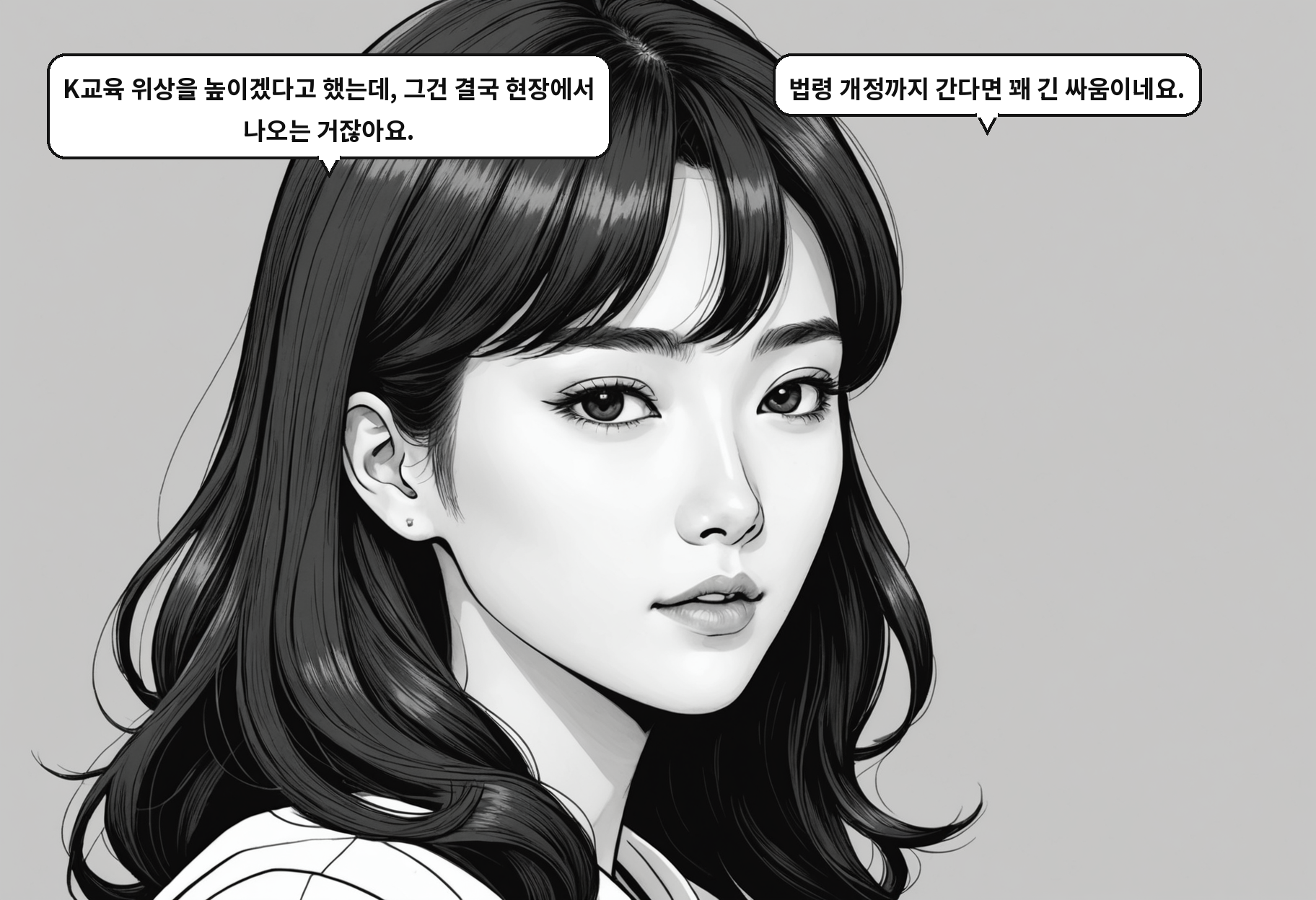 A: K교육 위상을 높이겠다고 했는데, 그건 결국 현장에서 나오는 거잖아요. B: 법령 개정까지 간다면 꽤 긴 싸움이네요.