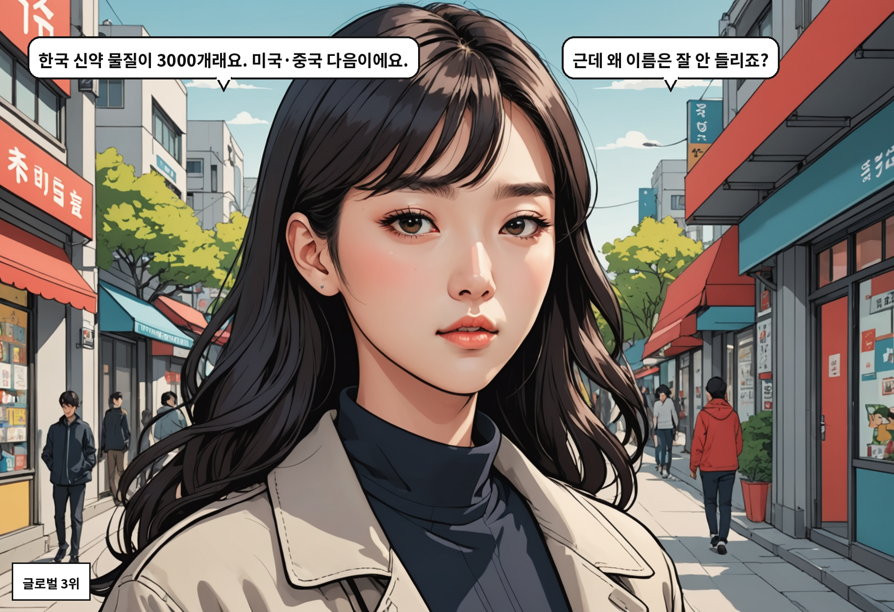 B: 한국 신약 물질이 3000개래요. 미국·중국 다음이에요. A: 근데 왜 이름은 잘 안 들리죠?