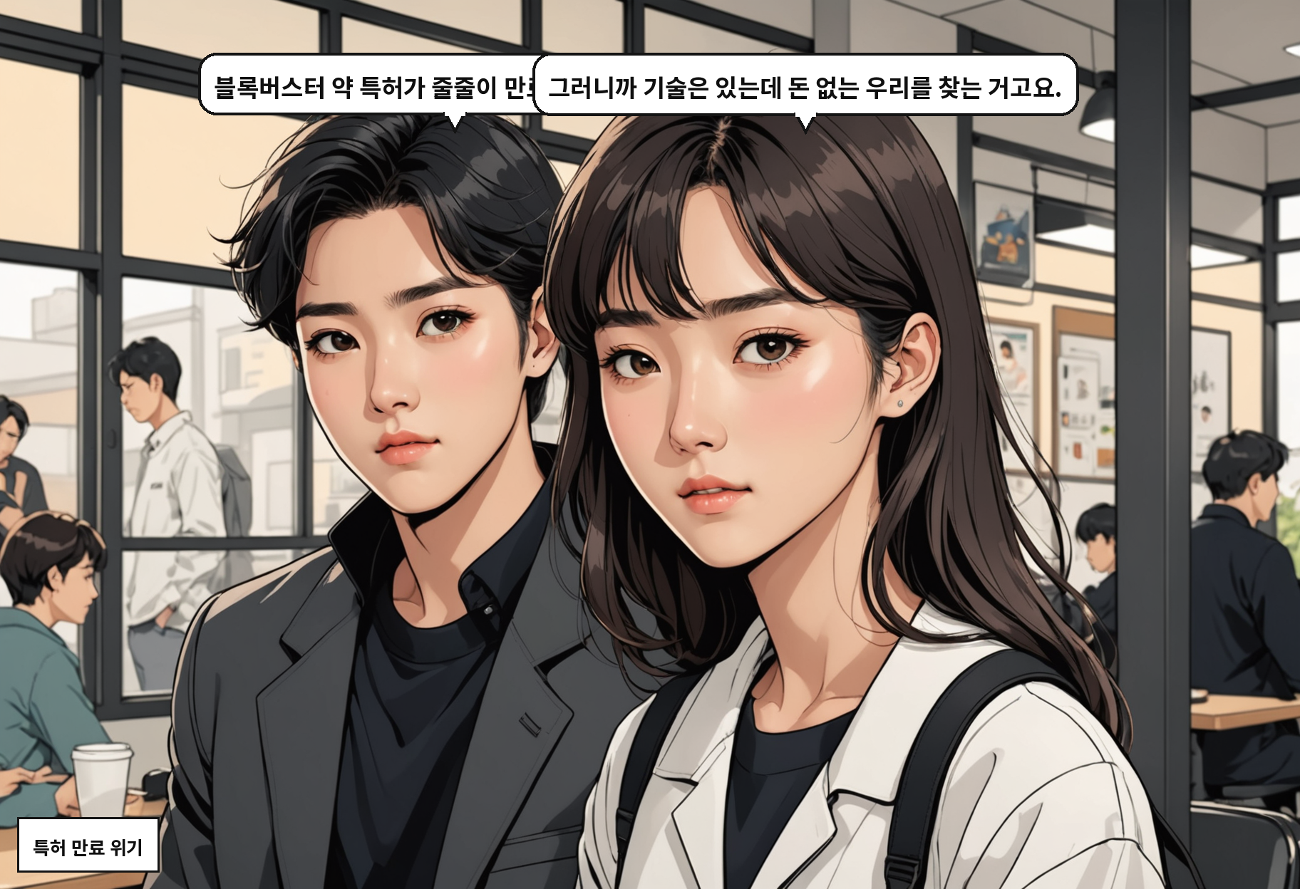 B: 블록버스터 약 특허가 줄줄이 만료되고 있거든요. A: 그러니까 기술은 있는데 돈 없는 우리를 찾는 거고요.