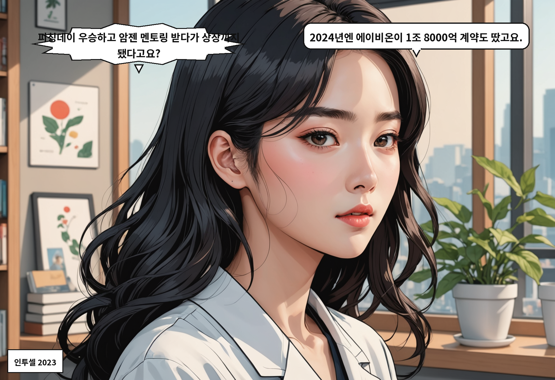 A: 피칭데이 우승하고 암젠 멘토링 받다가 상장까지 됐다고요? B: 2024년엔 에이비온이 1조 8000억 계약도 땄고요.
