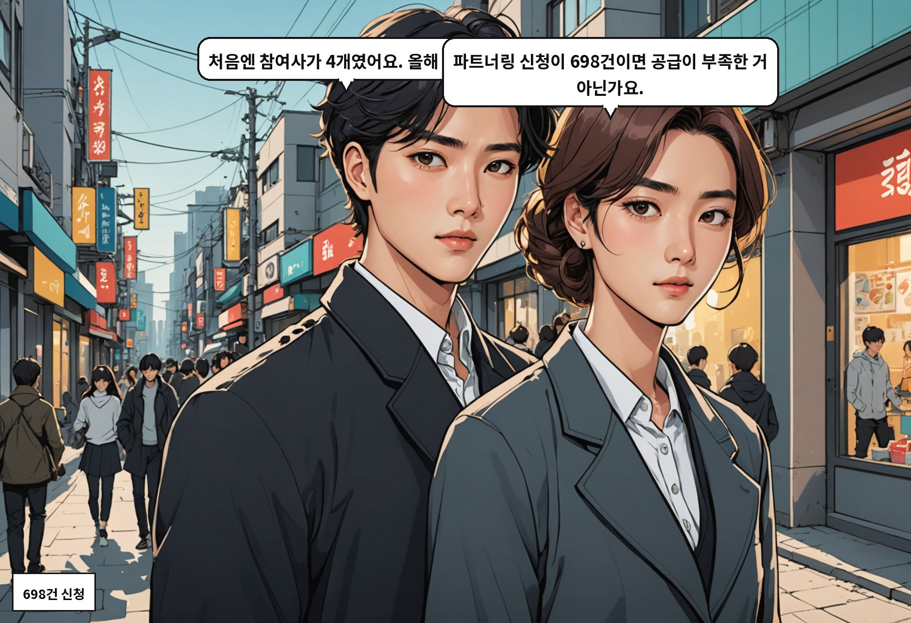 B: 처음엔 참여사가 4개였어요. 올해 23개. A: 파트너링 신청이 698건이면 공급이 부족한 거 아닌가요.