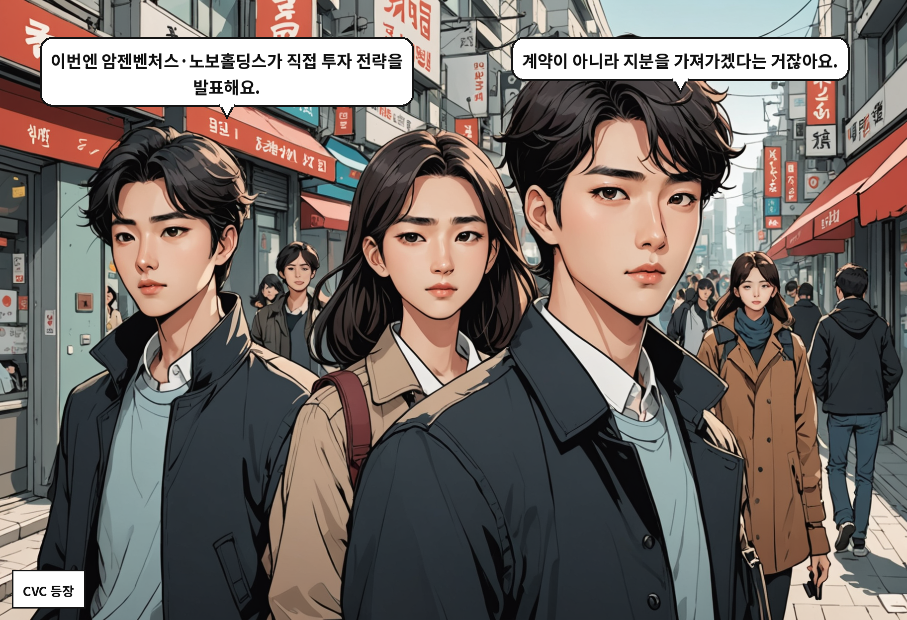 B: 이번엔 암젠벤처스·노보홀딩스가 직접 투자 전략을 발표해요. A: 계약이 아니라 지분을 가져가겠다는 거잖아요.