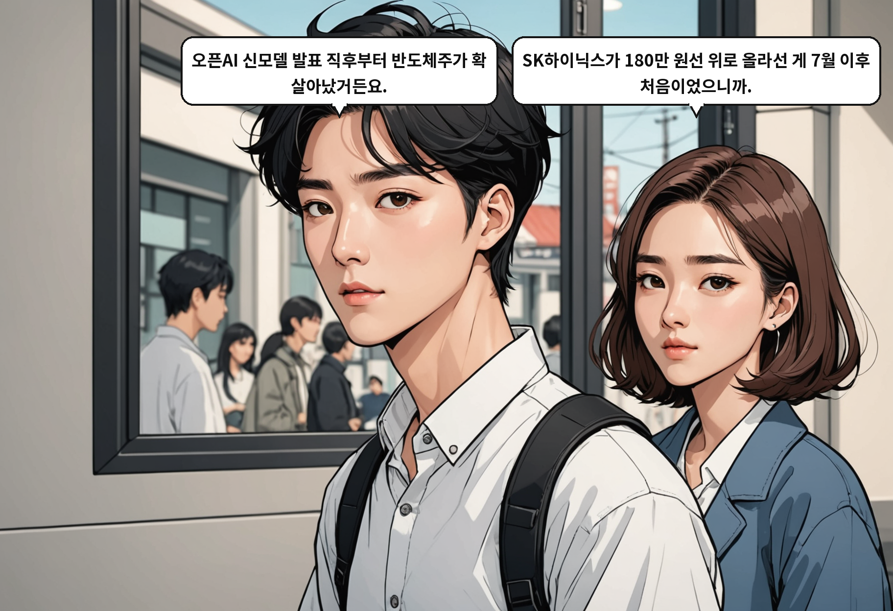 A: 오픈AI 신모델 발표 직후부터 반도체주가 확 살아났거든요. B: SK하이닉스가 180만 원선 위로 올라선 게 7월 이후 처음이었으니까.