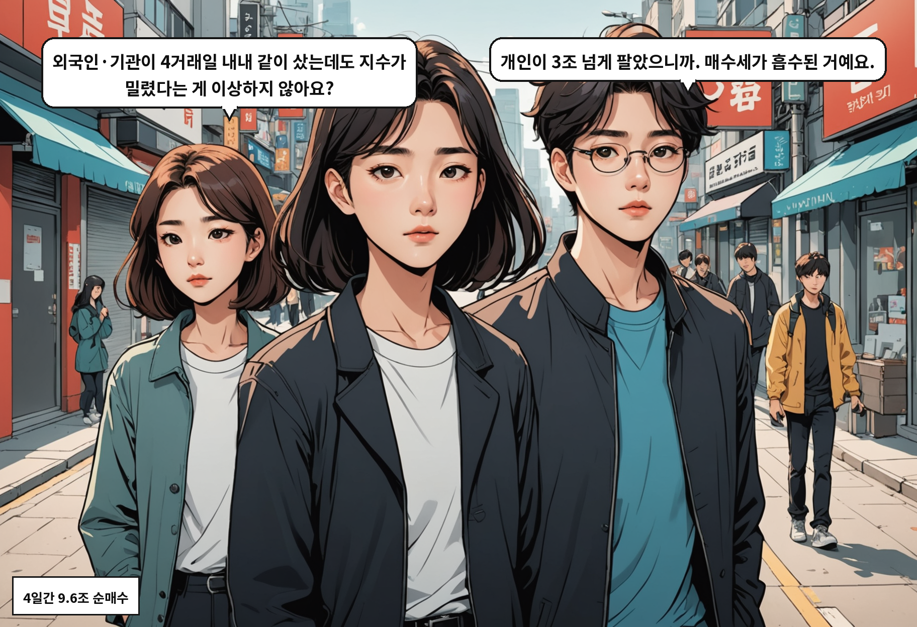 A: 외국인·기관이 4거래일 내내 같이 샀는데도 지수가 밀렸다는 게 이상하지 않아요? B: 개인이 3조 넘게 팔았으니까. 매수세가 흡수된 거예요.